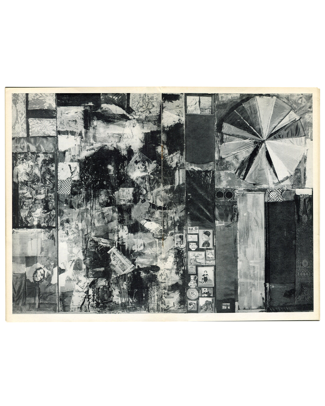 Robert Rauschenberg, Ileana Sonnabend Gallery, Paris, 1963 — interior plate. Black and white reproduction of a Combine-Painting with layered collage elements and gestural paint passages.