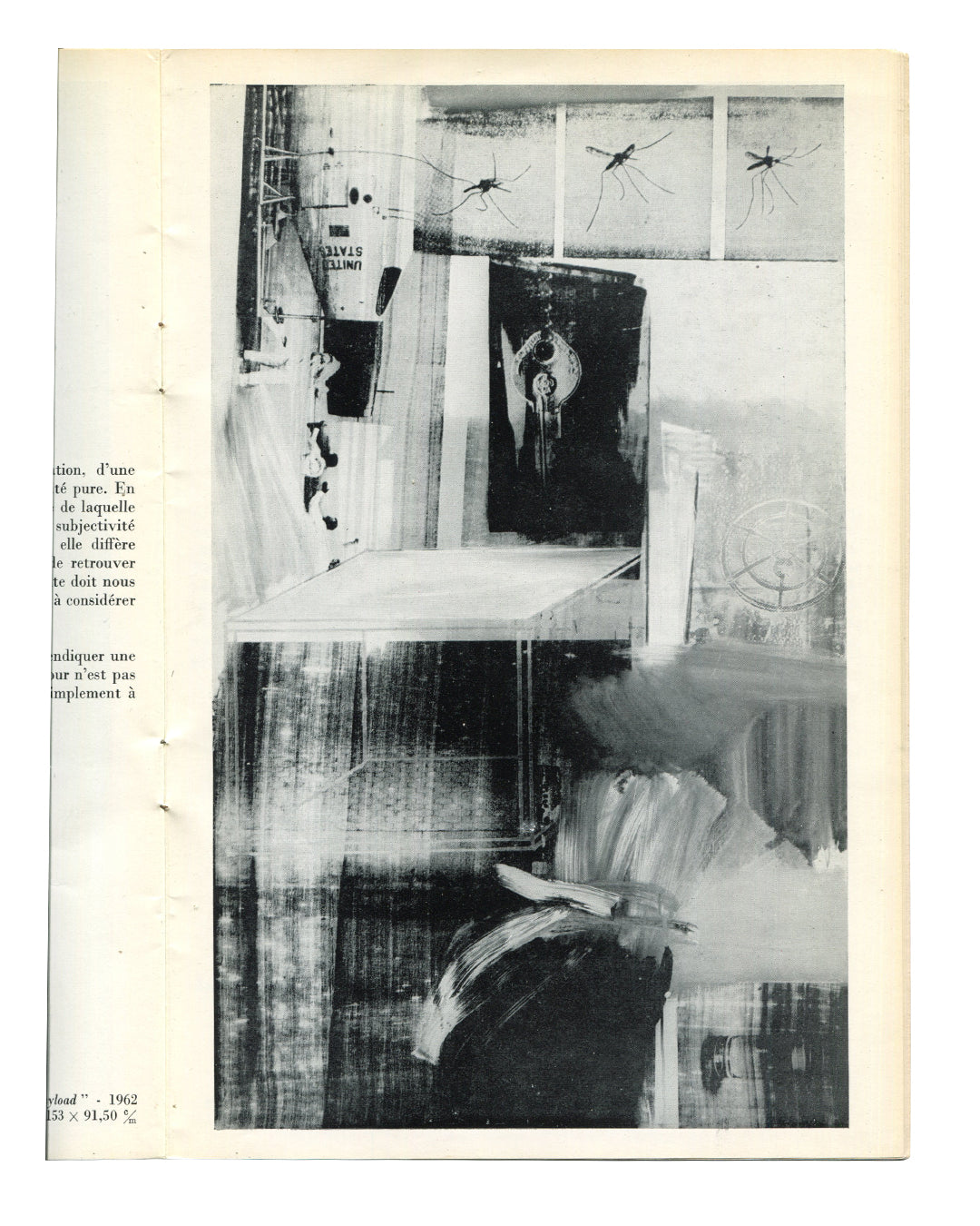 Robert Rauschenberg, Ileana Sonnabend Gallery, Paris, 1963 — interior plate. Black and white reproduction of a Combine-Painting with layered collage elements and gestural paint passages.
