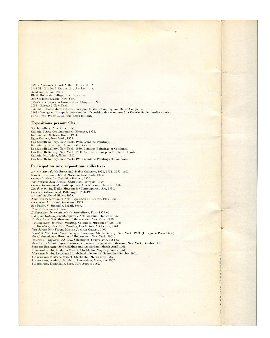 Robert Rauschenberg, Ileana Sonnabend Gallery, Paris, 1963 — interior page. French-language biography and exhibition history, 1925–1962. Lists solo exhibitions at Leo Castelli Gallery and group exhibitions including Documenta II and 16 Americans, MoMA.