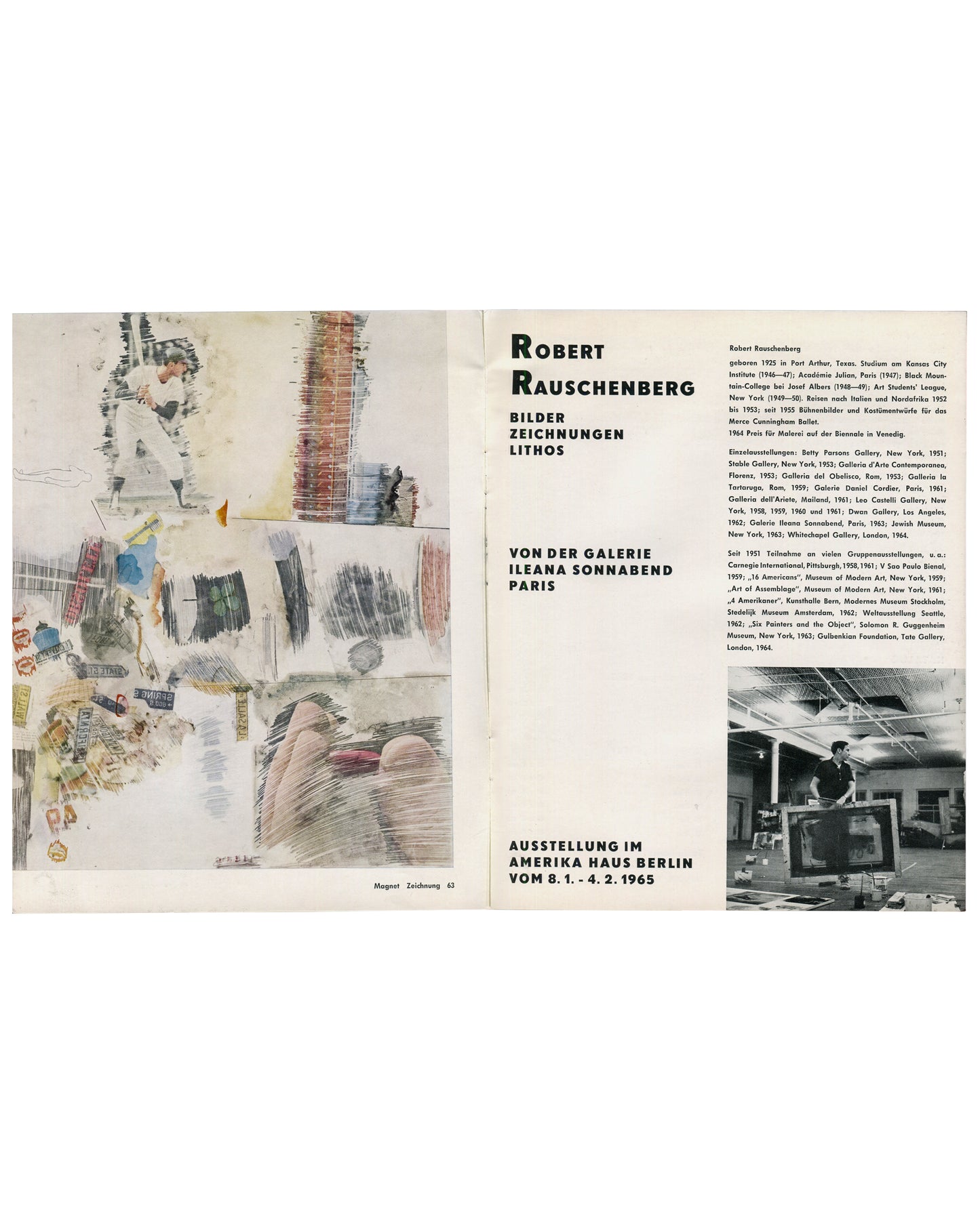 Rauschenberg 1965, interior: Magnet Zeichnung 62 left; title page with biography and studio photograph right, German text