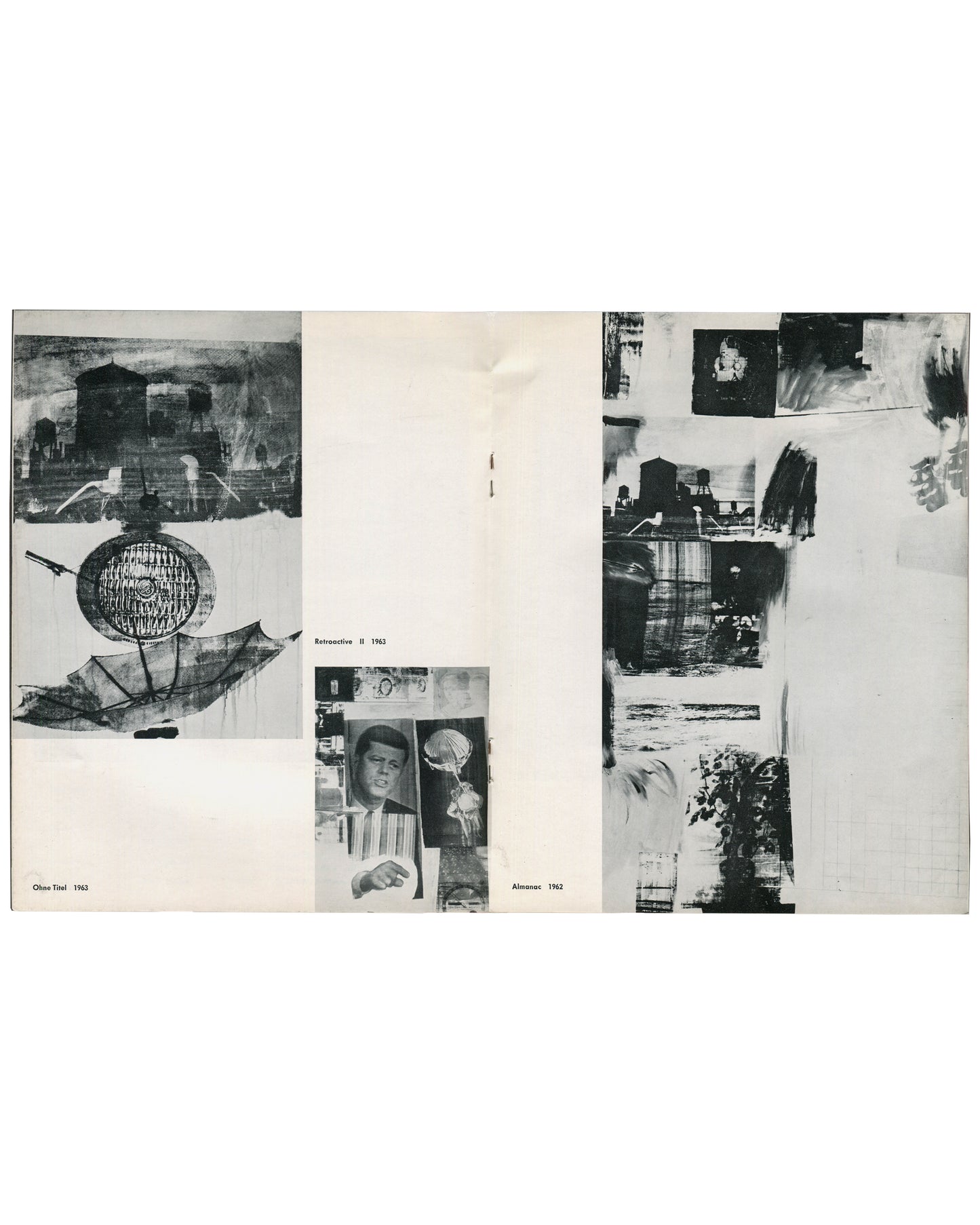 Rauschenberg 1965, interior: Olive Titel 1963 left; Retroactive II 1963 centre; Almanac 1962 right, b&w reproductions