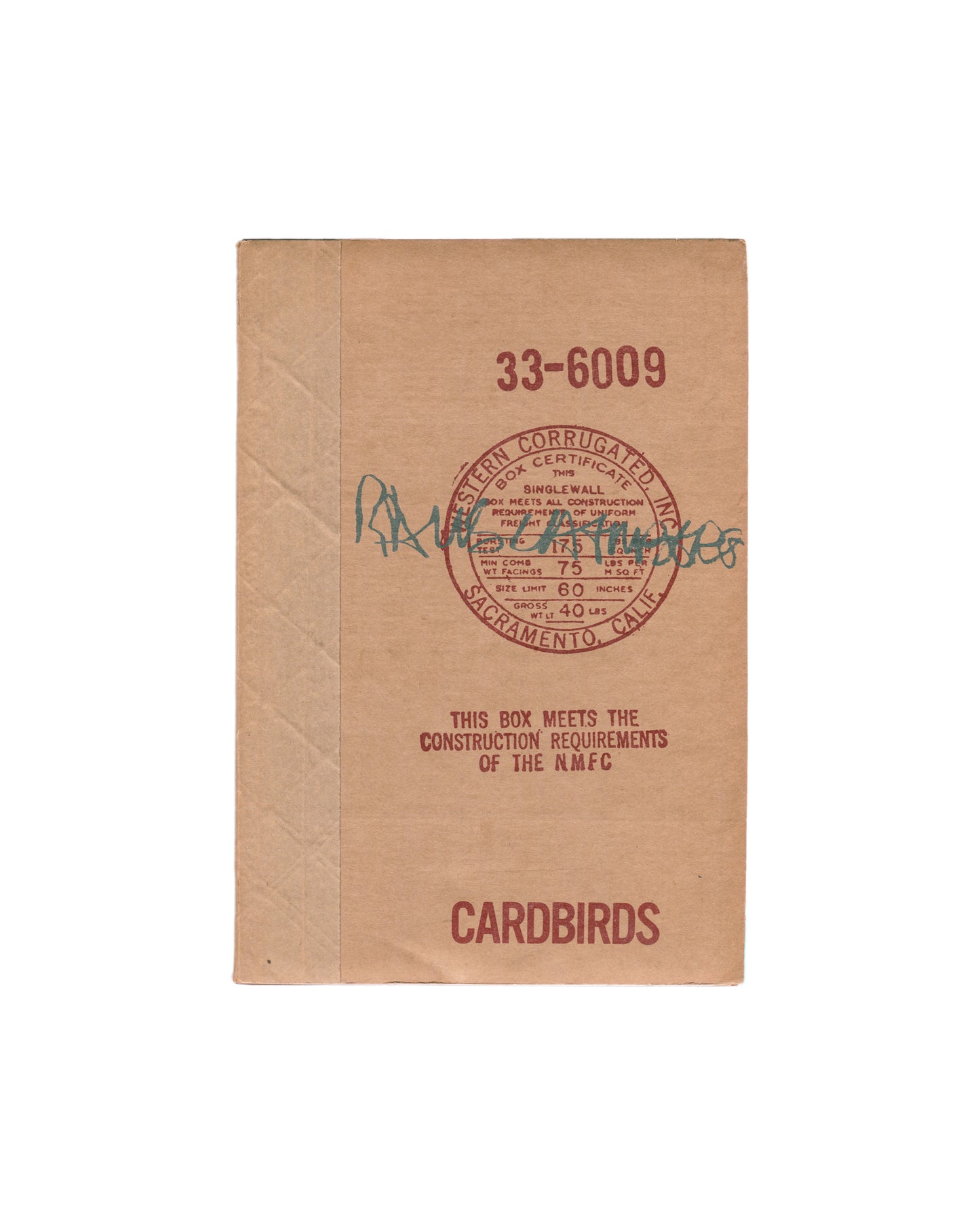 Rauschenberg, Cardbirds, 1971. Corrugated cardboard cover with red stamp, stock number 33-6009, signed in green ink
