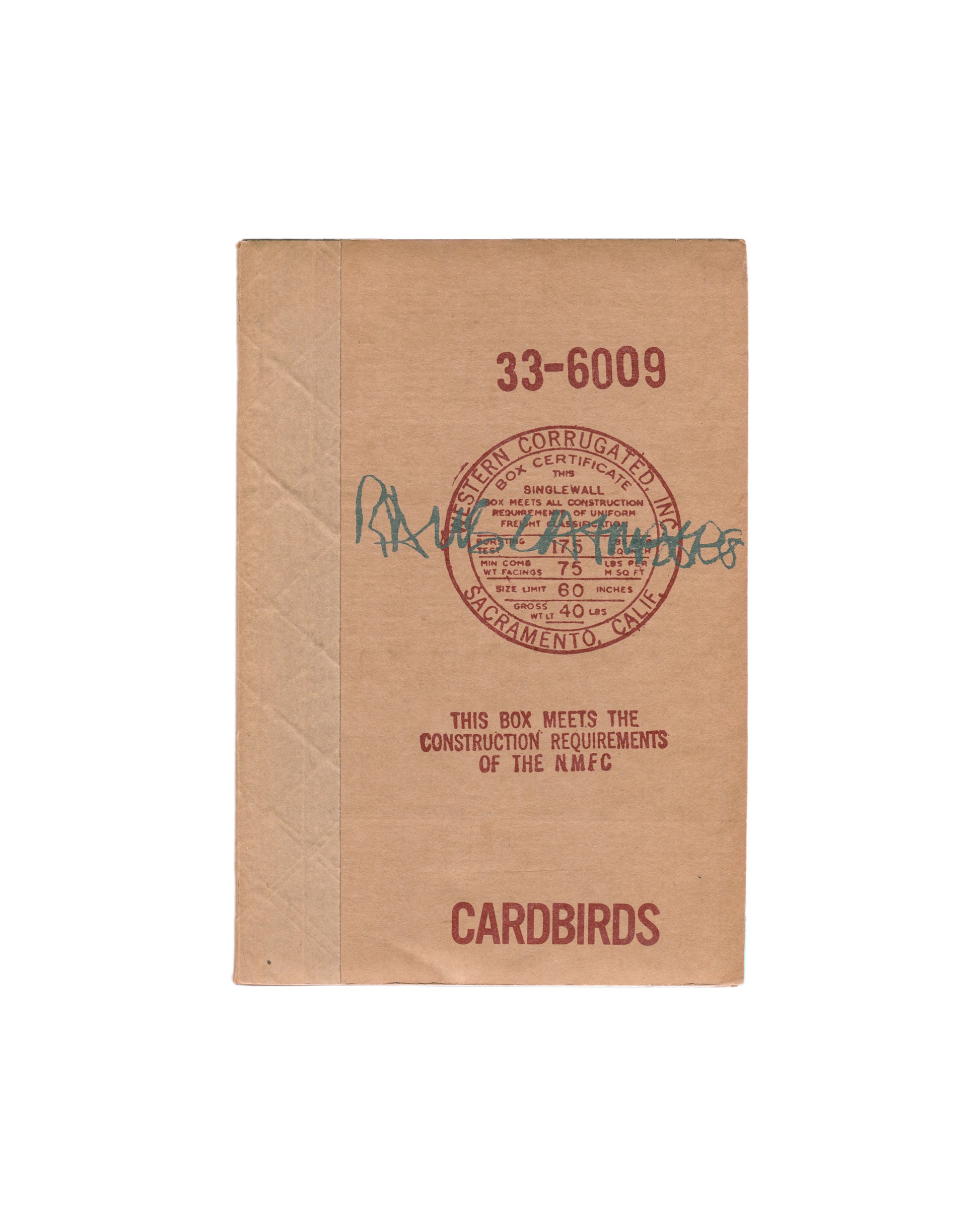 Rauschenberg, Cardbirds, 1971. Corrugated cardboard cover with red stamp, stock number 33-6009, signed in green ink
