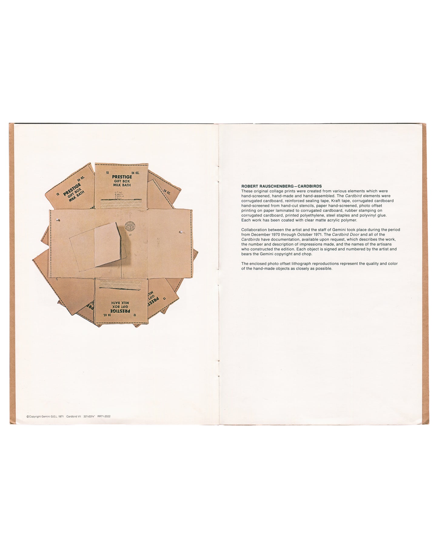Cardbirds interior. Colour reproduction of Cardbird VII, 1971 — circular arrangement of overlapping printed cardboard fragments, stapled.