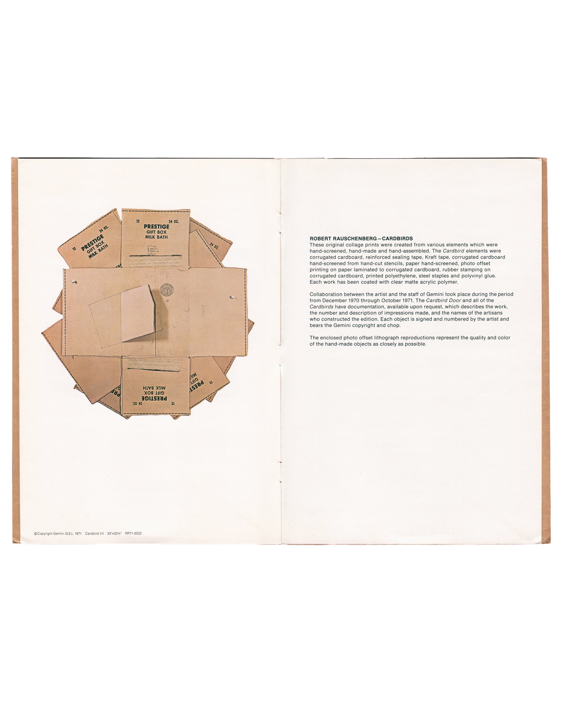 Cardbirds interior. Colour reproduction of Cardbird VII, 1971 — circular arrangement of overlapping printed cardboard fragments, stapled.