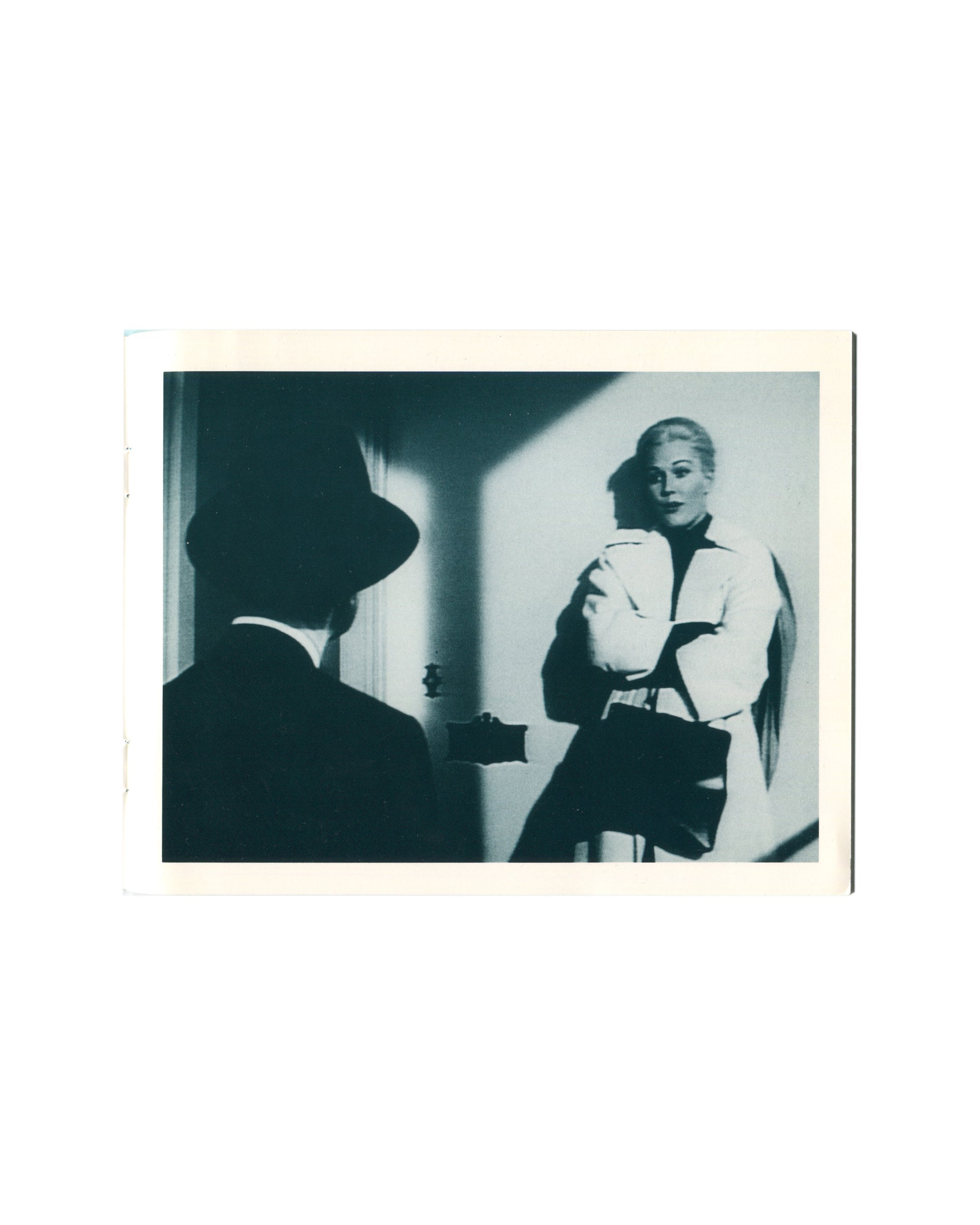 David Reed, Two Bedrooms in San Francisco, interior: b&w film still, man in hat silhouette, Kim Novak in doorway
