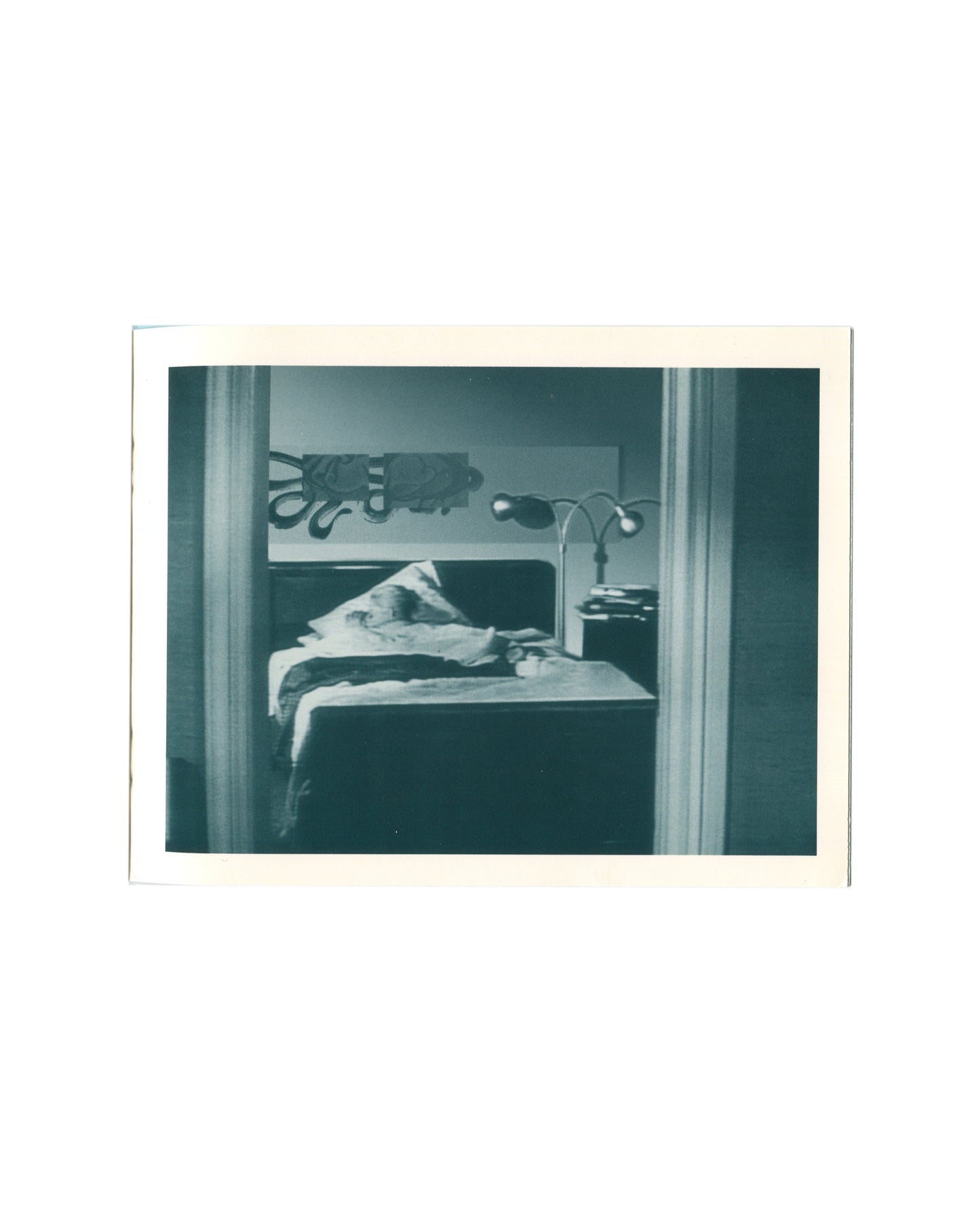 David Reed, Two Bedrooms in San Francisco, interior: teal-toned film still, figure in hotel bed, doorframe view