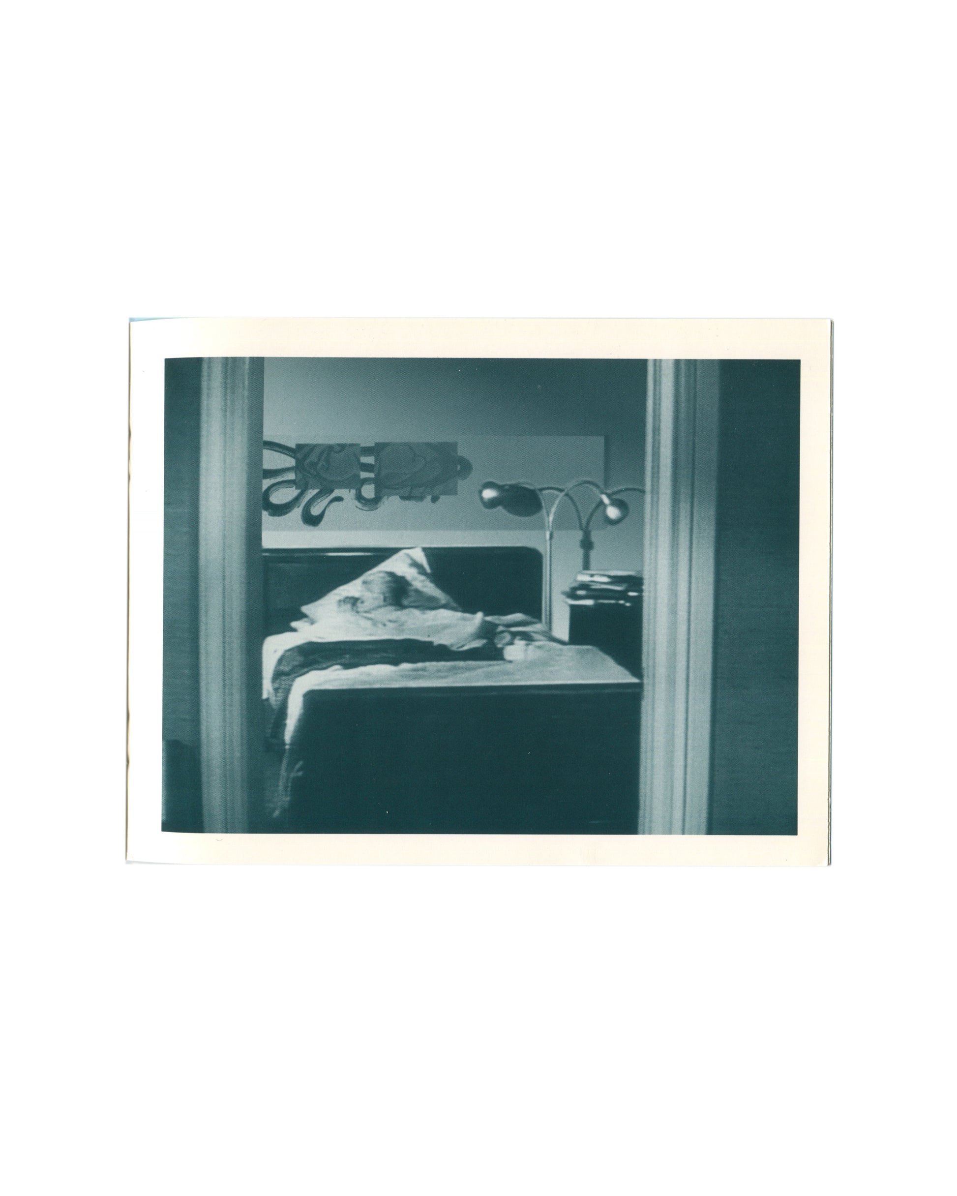 David Reed, Two Bedrooms in San Francisco, interior: teal-toned film still, figure in hotel bed, doorframe view
