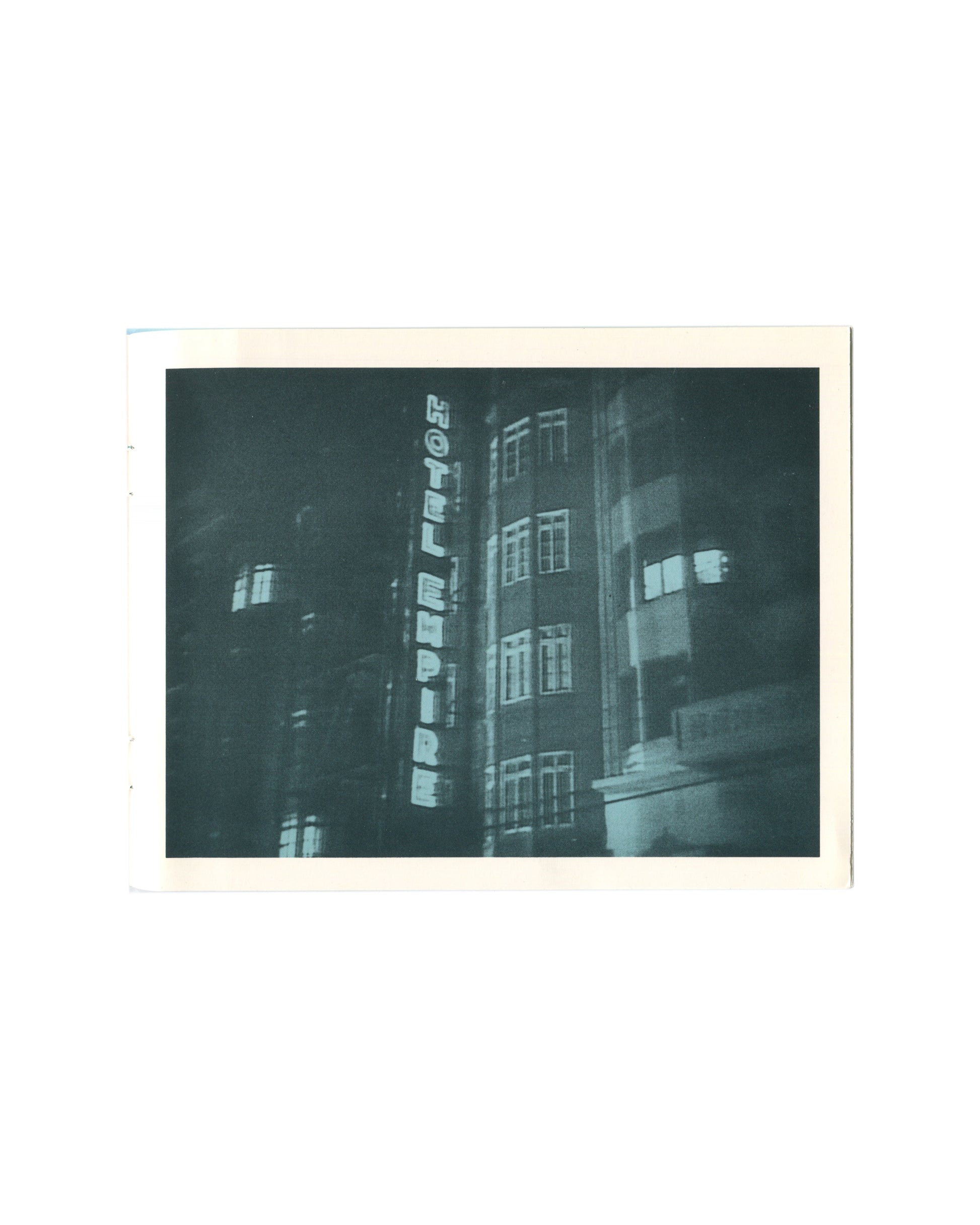 David Reed, Two Bedrooms in San Francisco, interior: b&w night photograph, Hotel Empire neon sign, teal cast