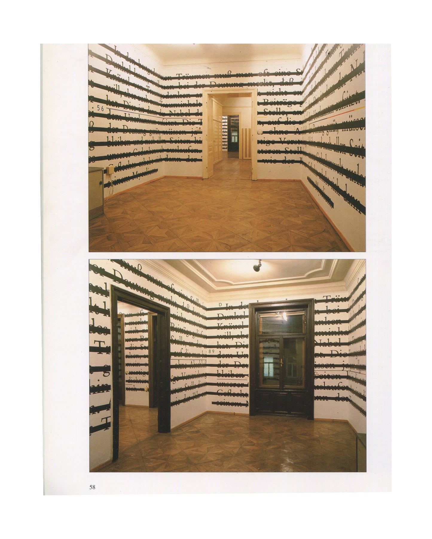 Symptoms of Interference 1994, p.58, Joseph Kosuth, wall text installation, horizontal lines of overprinted German text, two views