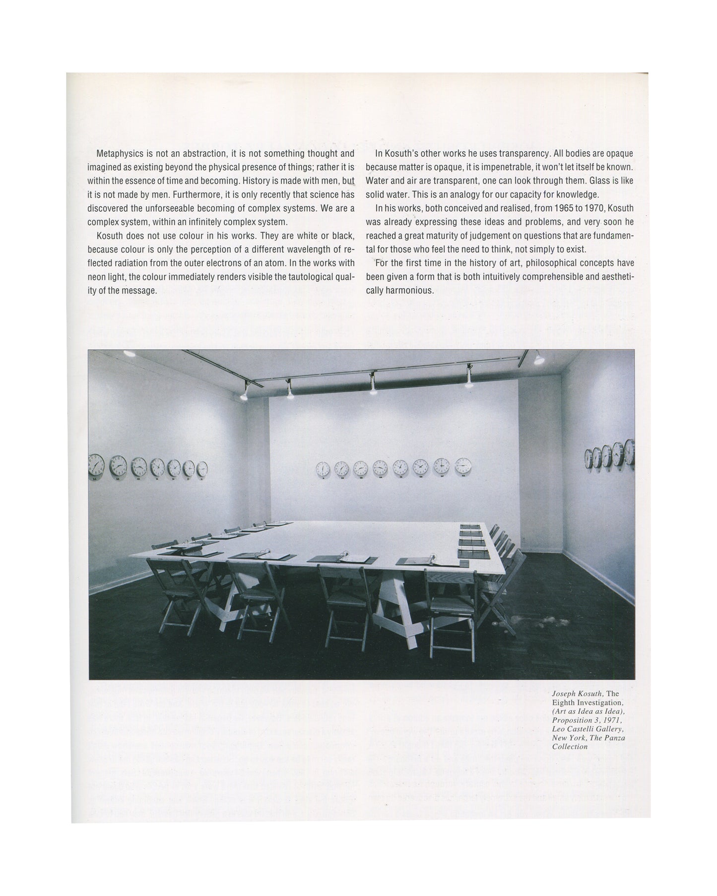 Symptoms of Interference 1994, Joseph Kosuth, The Eighth Investigation 1971, clocks installation Leo Castelli Gallery, essay text