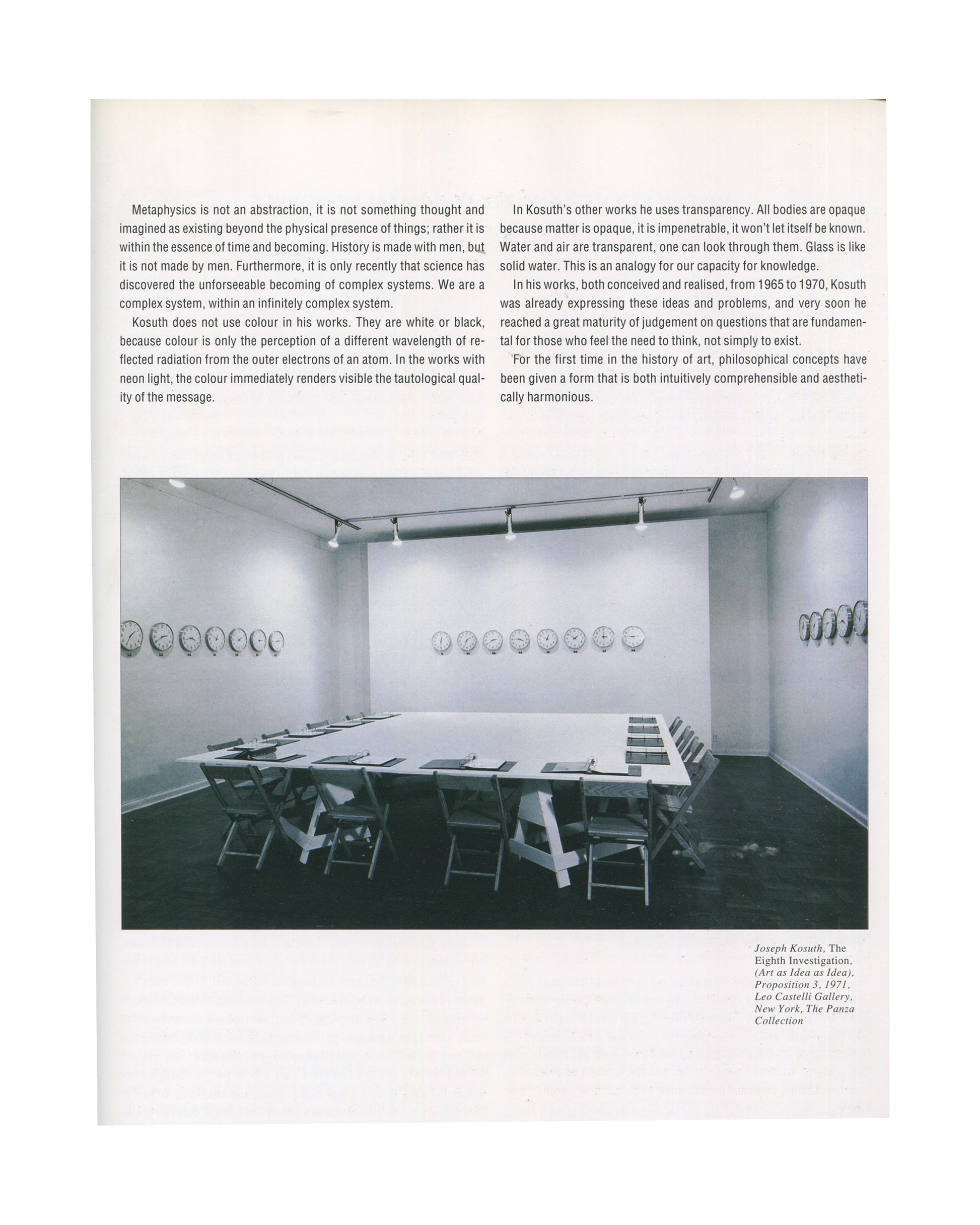 Symptoms of Interference 1994, Joseph Kosuth, The Eighth Investigation 1971, clocks installation Leo Castelli Gallery, essay text