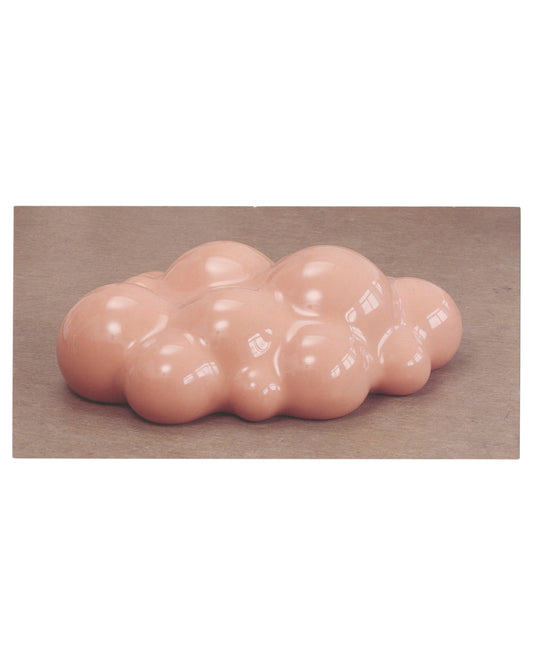 Front of original 1997 Thomas Rentmeister exhibition invitation card for Centre d’art contemporain de Vassivière in France, featuring a glossy pale pink biomorphic polyester sculpture against a neutral background.