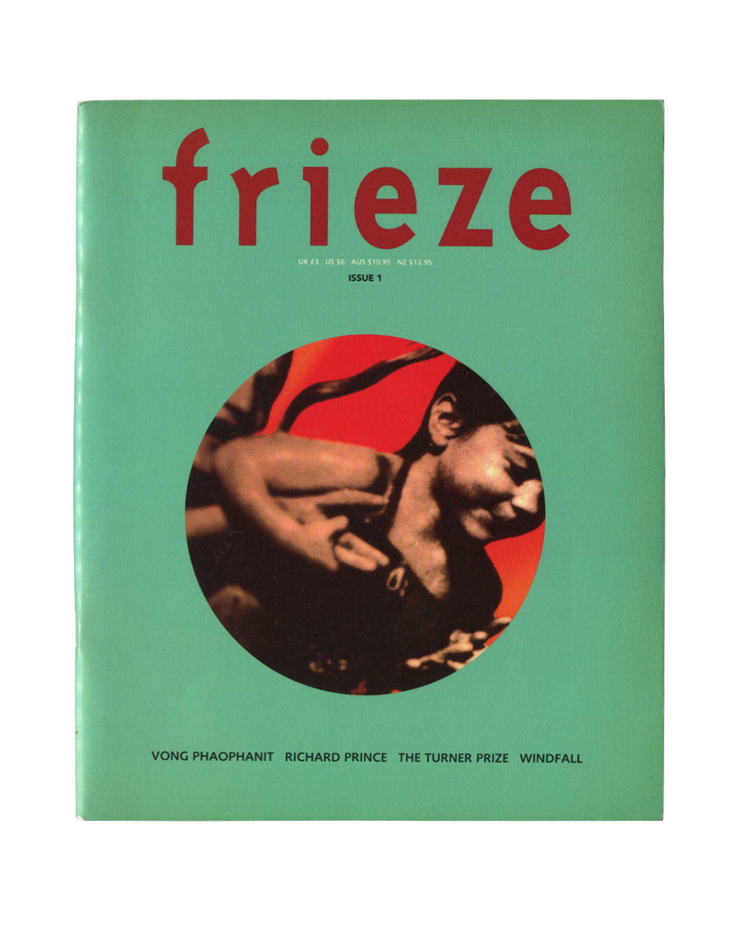 frieze Issue 1, 1991, cover, red masthead on teal, circular photograph, four cover lines