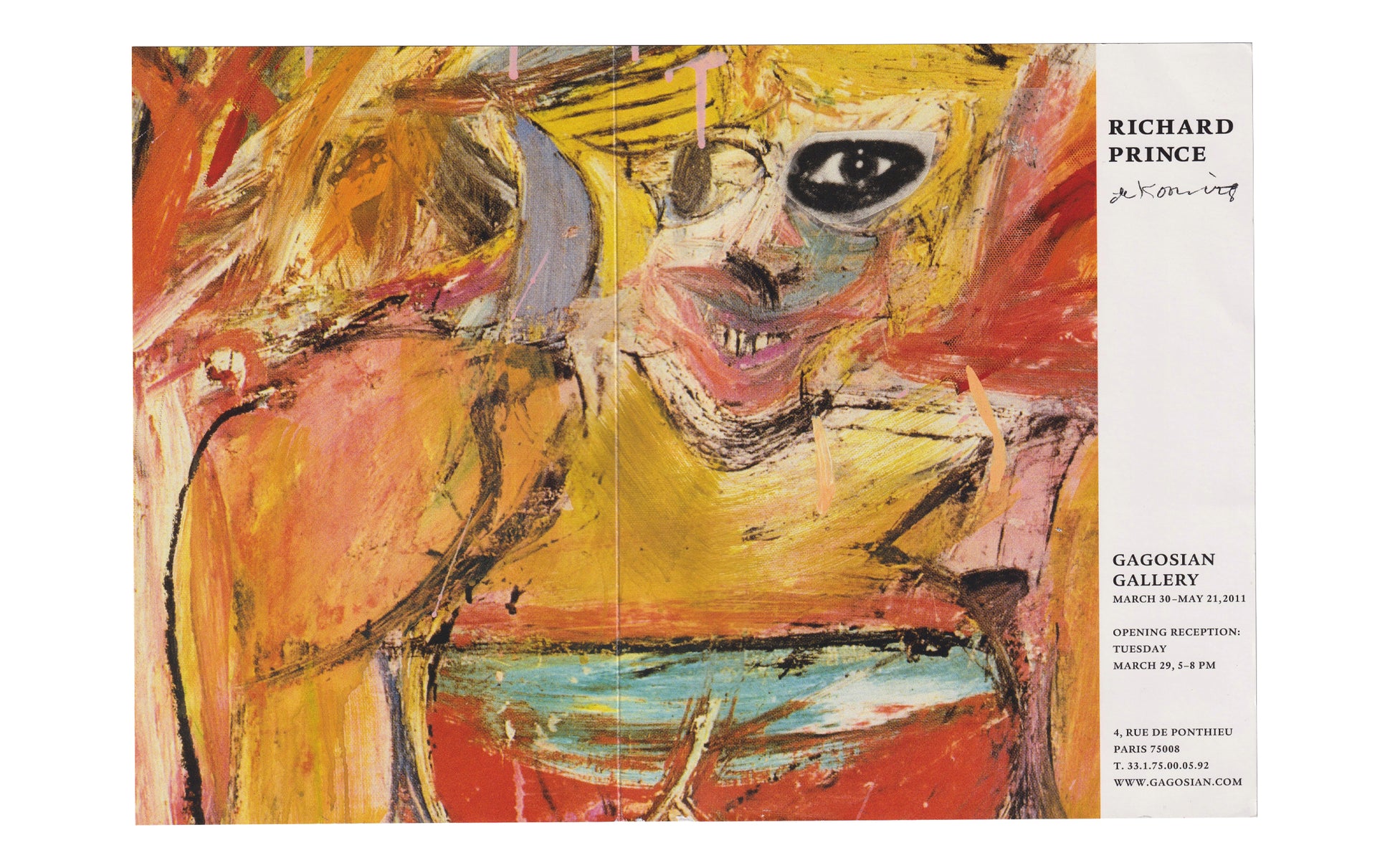 Richard Prince, de Kooning, exhibition invitation interior spread unfolded, Gagosian Gallery Paris, 2011 — near full-bleed reproduction of Untitled (de Kooning), 2009
