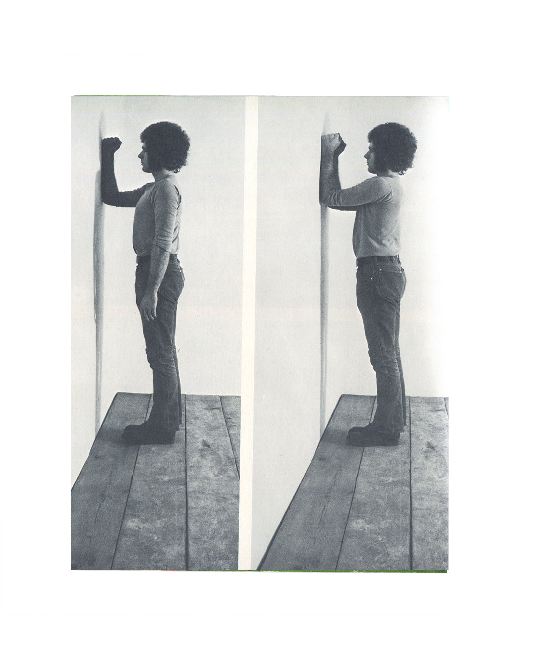 Klaus Rinke, Zeit Raum Körper Handlungen, 1972, interior, two b&w photographs, figure with raised fist against white wall, diptych 