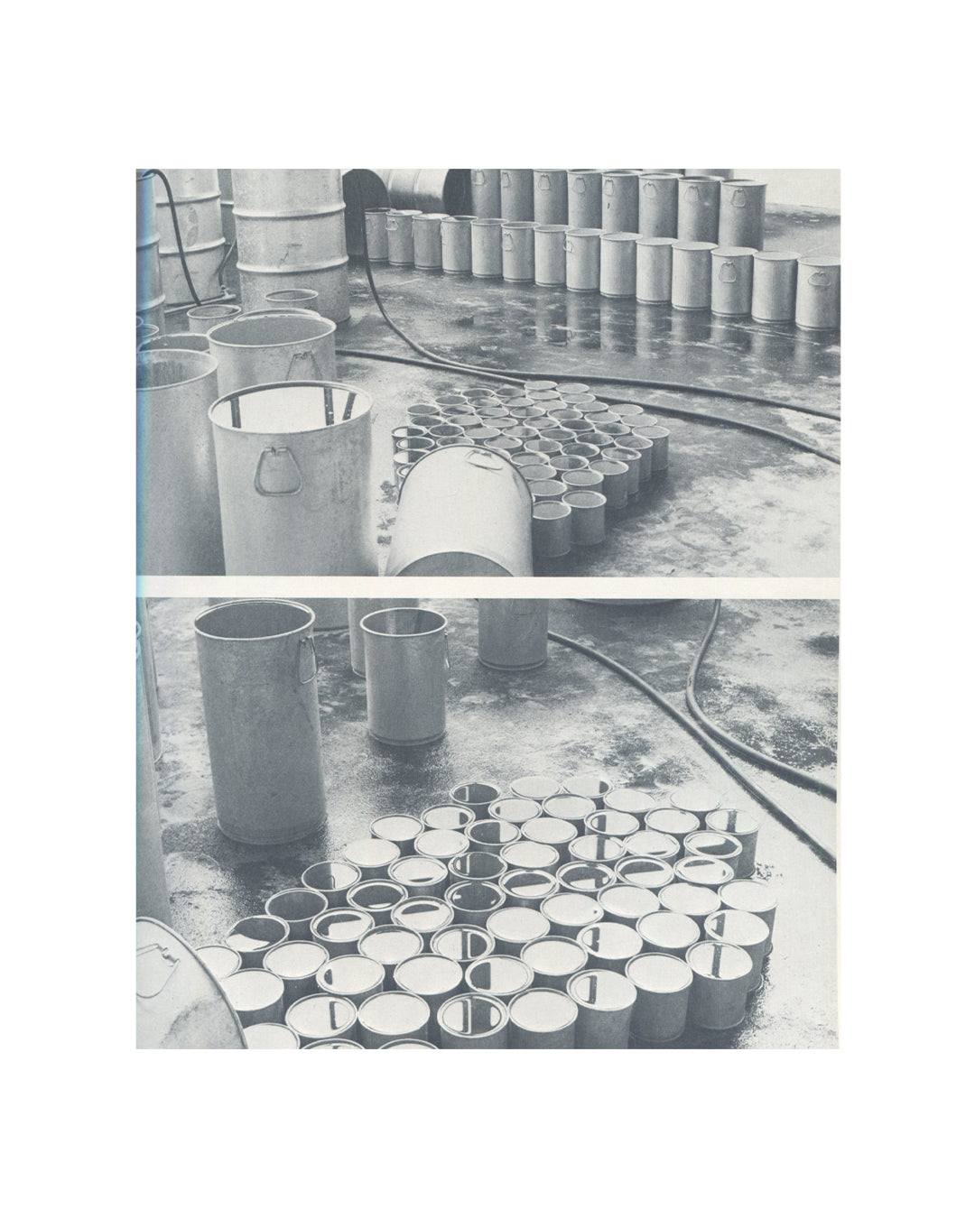 Klaus Rinke, Zeit Raum Körper Handlungen, 1972, interior, two b&w photographs, rows of open paint tins and cylinders on wet floor 