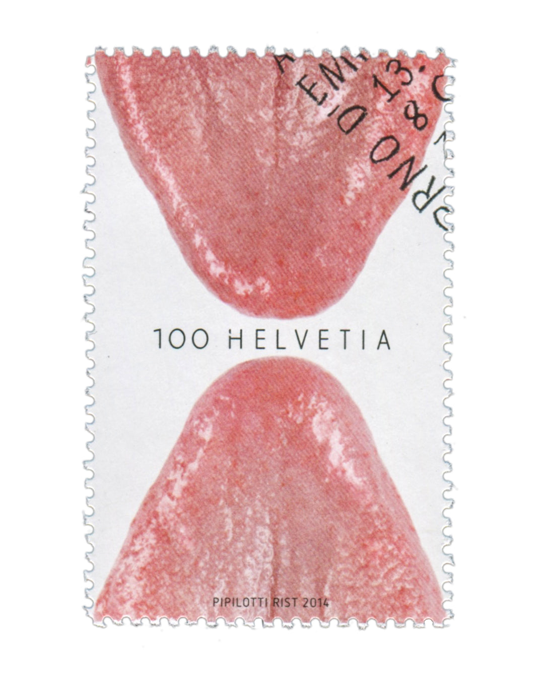 Pipilotti Rist, Swiss Post special stamp, 100 Helvetia, 2014, two enlarged tongues facing across white field, used with partial Bern cancellation, recto