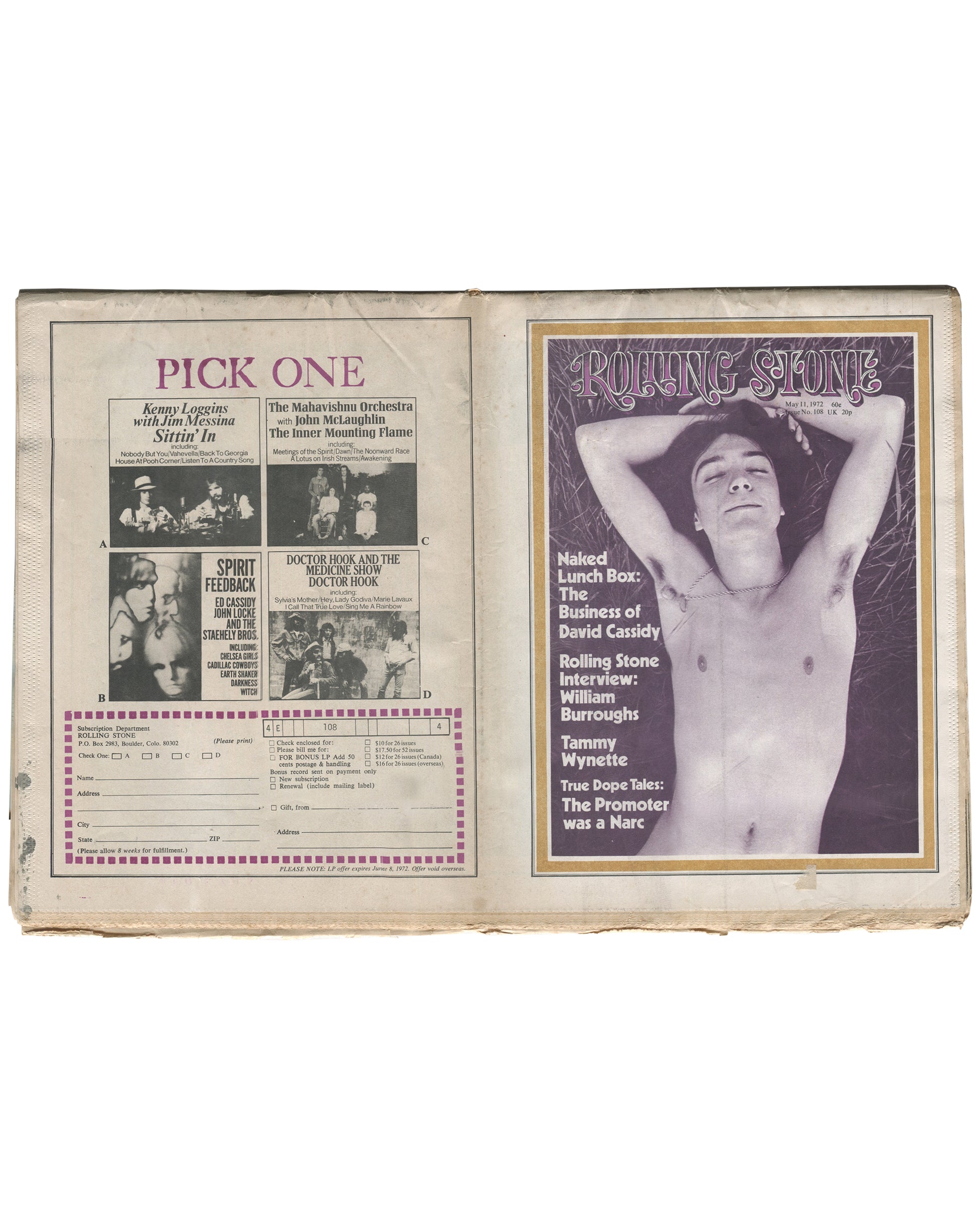 Reverse of 1972 Rolling Stone Issue No. 108 showing the back cover with a Pick One record subscription advertisement featuring Kenny Loggins with Jim Messina, The Mahavishnu Orchestra, Spirit Feedback, and Doctor Hook and the Medicine Show, alongside the subscription order form