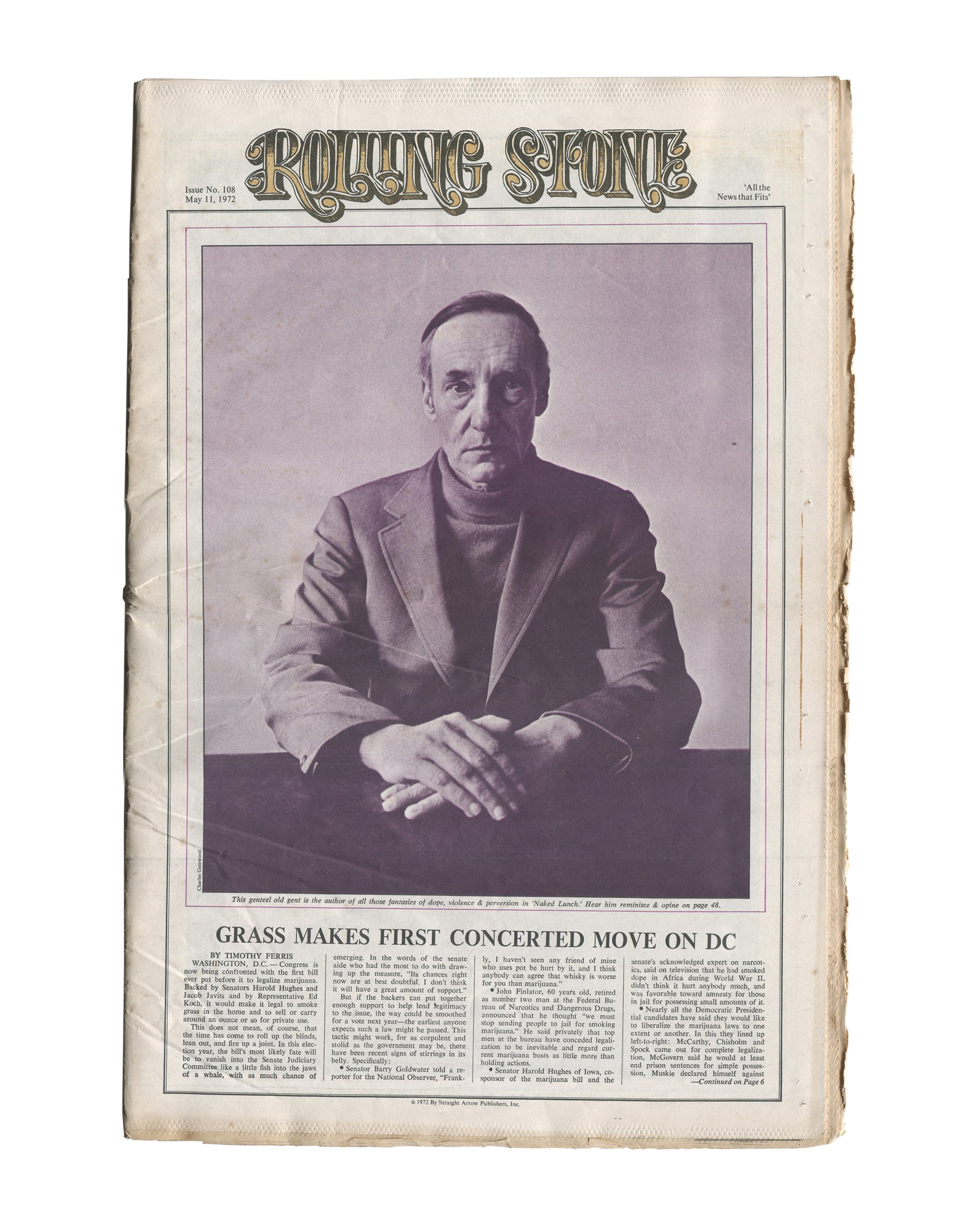 Original 1972 Rolling Stone Issue No. 108 cover, May 11, 1972, Straight Arrow Publishers, San Francisco — David Cassidy photographed by Annie Leibovitz on the cover with cover lines including Rolling Stone Interview: William Burroughs, Naked Lunch Box: The Business of David Cassidy, Tammy Wynette, and True Dope Tales: The Promoter was a Narc