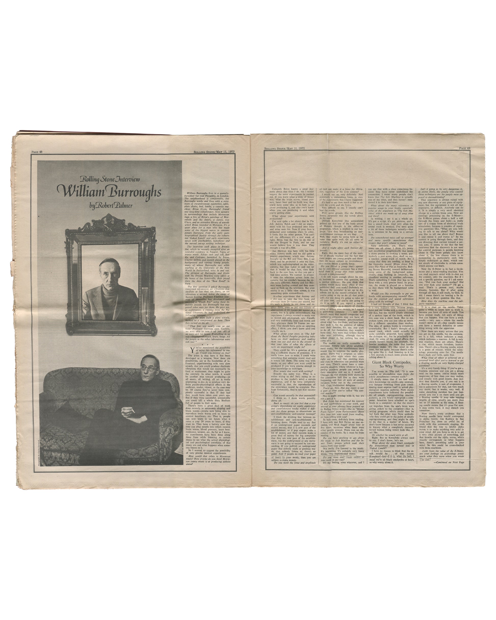 nterior spread of Rolling Stone Issue No. 108, May 11, 1972, pages 48–49, showing the William S. Burroughs interview by Robert Palmer with black-and-white portrait photographs of Burroughs seated in an armchair and reflected in a framed mirror"