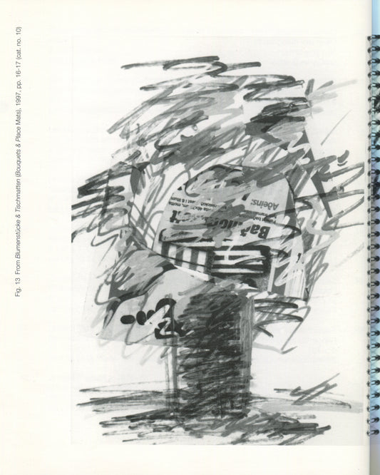 Dieter Roth 1999, interior: Fig. 13, drawing from Blumenstücke & Tischmatten 1997, cat. no. 10 — gestural bouquet in ink, spiral binding visible