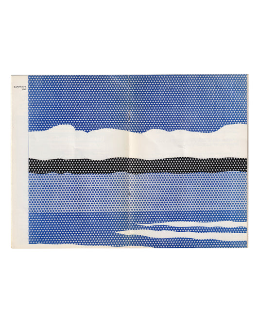`Two-page colour spread, Landscape, 1965, by Roy Lichtenstein. Horizontal bands of blue Benday dots separated by white cloud and ground forms; dark black dot band across the middle ground. Title and date captioned in small type at upper left: LANDSCAPE / 1965. Vertical use fold visible through centre of spread. Catalogue open flat, printed on cream paper.`