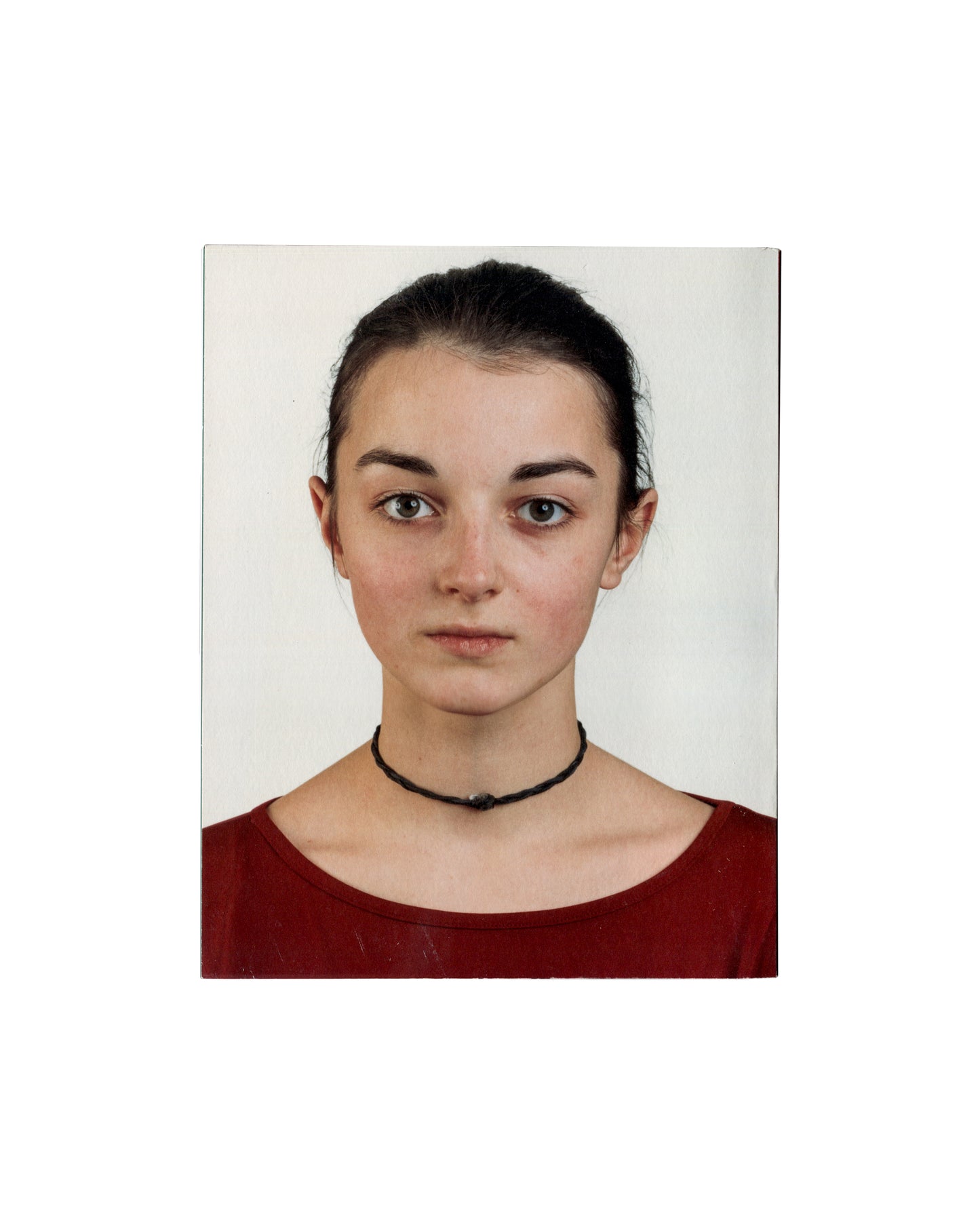 Thomas Ruff, Andere Porträts, passport-format portrait of young woman, red top, choker necklace, 2001 