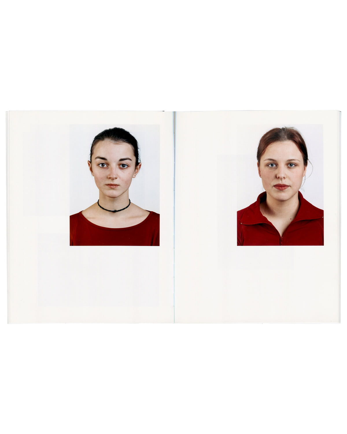 Thomas Ruff, Andere Porträts, two passport-format portraits, women in red tops, interior spread