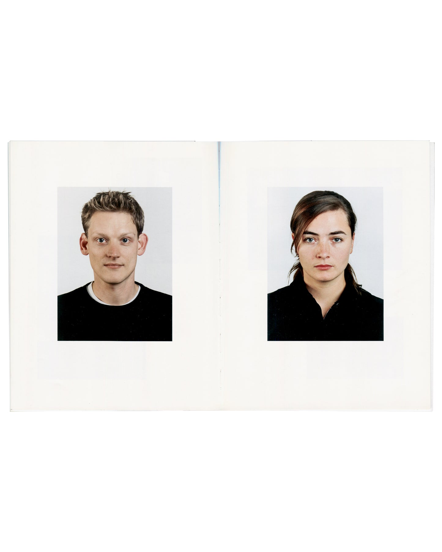 Thomas Ruff, Andere Porträts, two passport-format portraits, young man and woman in black, interior spread