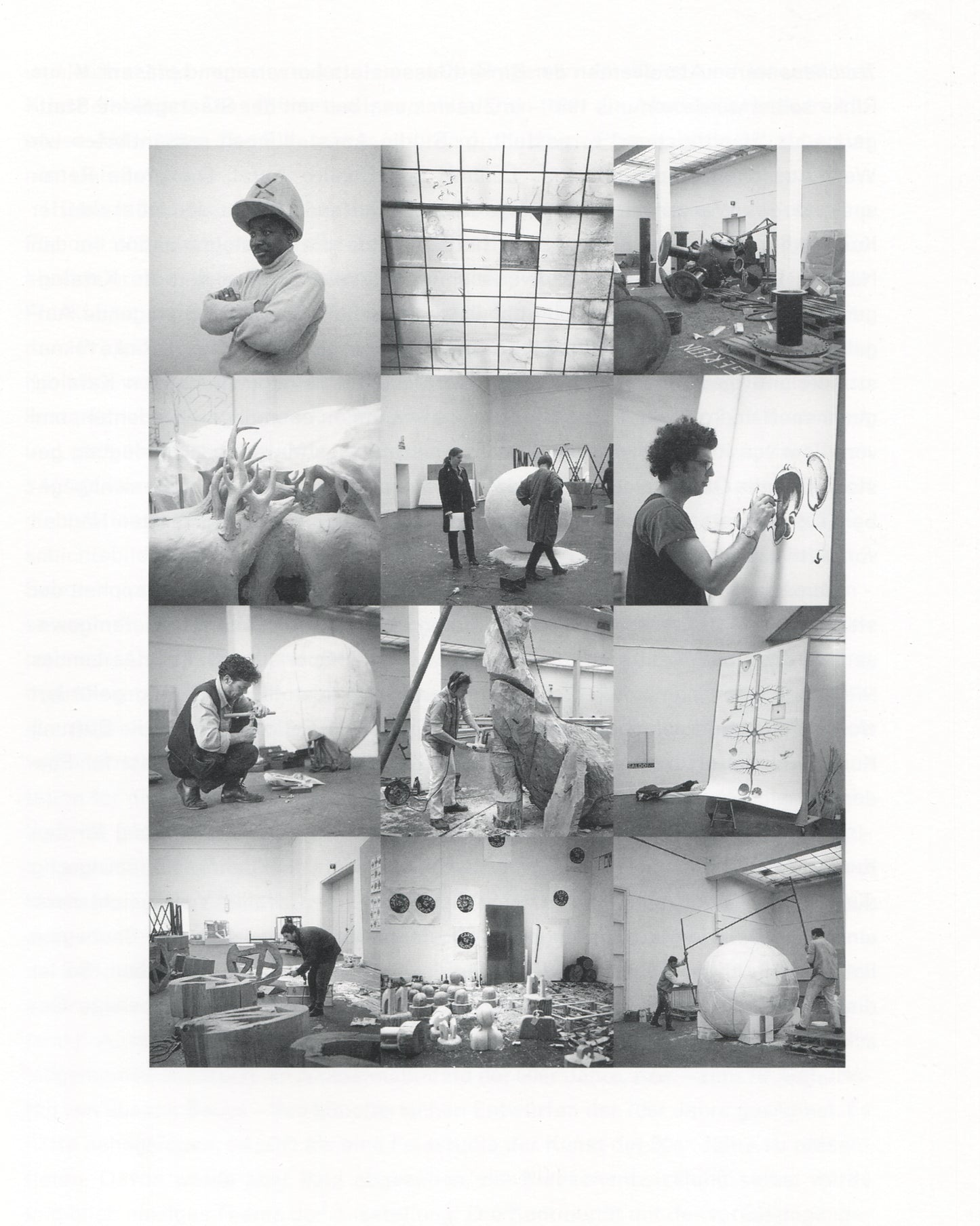 Klaus Rinke, Saldo, Rinke Klasse 1997, interior, twelve b&w photographs, artists and students working in studio with large sphere and sculptures 