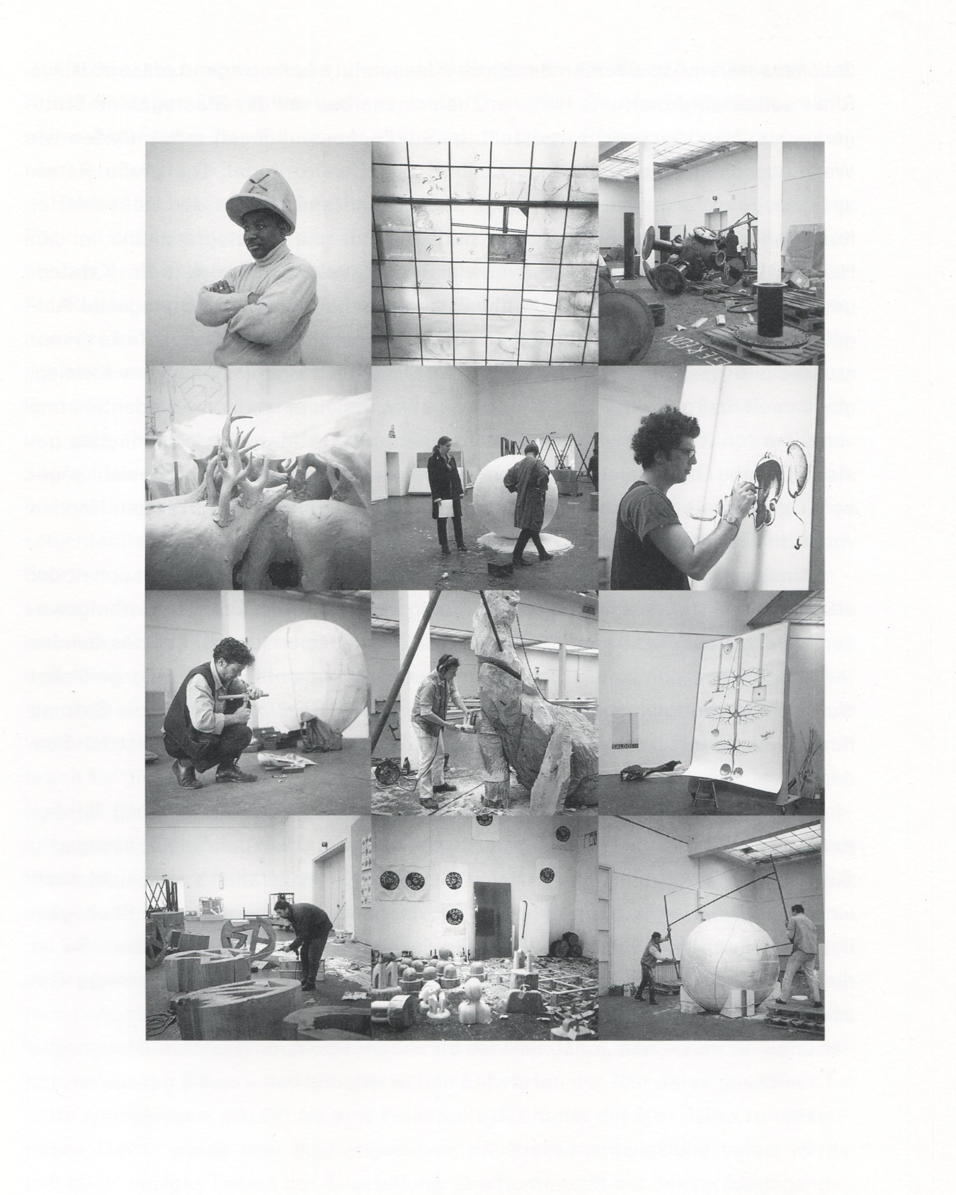 Klaus Rinke, Saldo, Rinke Klasse 1997, interior, twelve b&w photographs, artists and students working in studio with large sphere and sculptures 