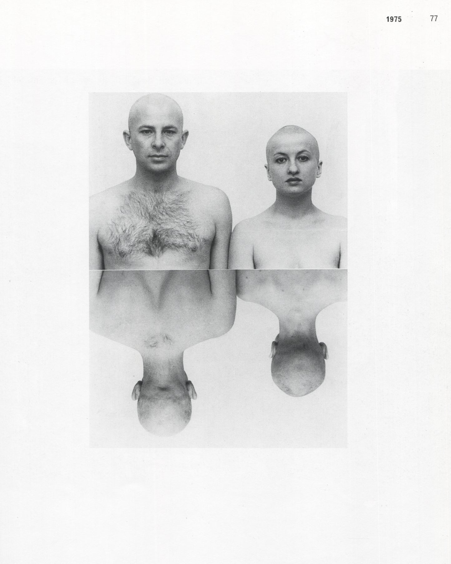 Klaus Rinke, Saldo, Rinke Klasse 1997, p.77, b&w photograph, two shaved figures torso-up with lower bodies inverted below, 1975