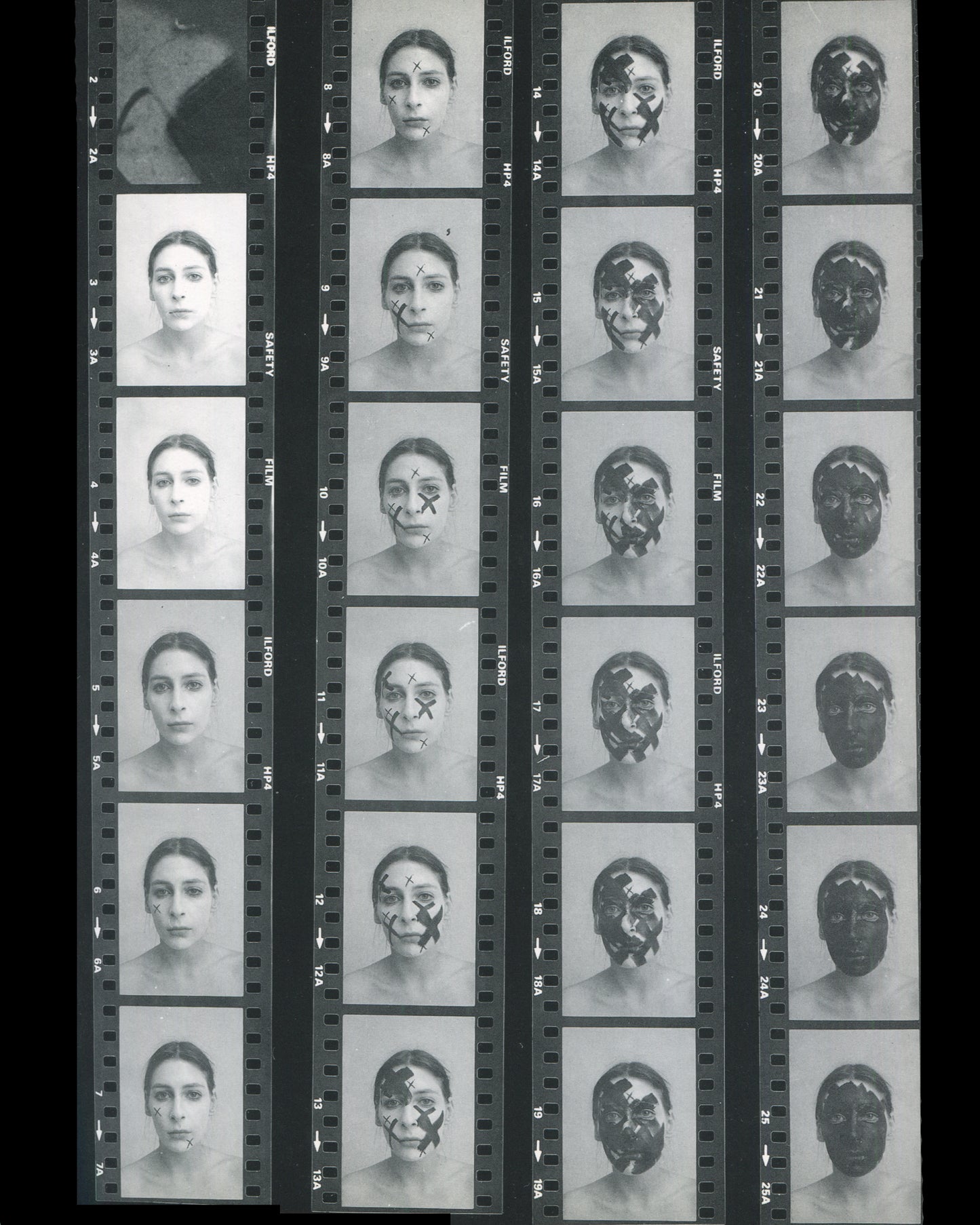 Klaus Rinke, Saldo, Rinke Klasse 1997, interior, Ilford HP4 contact sheet, female face progressively covered with black X marks, 25 frames