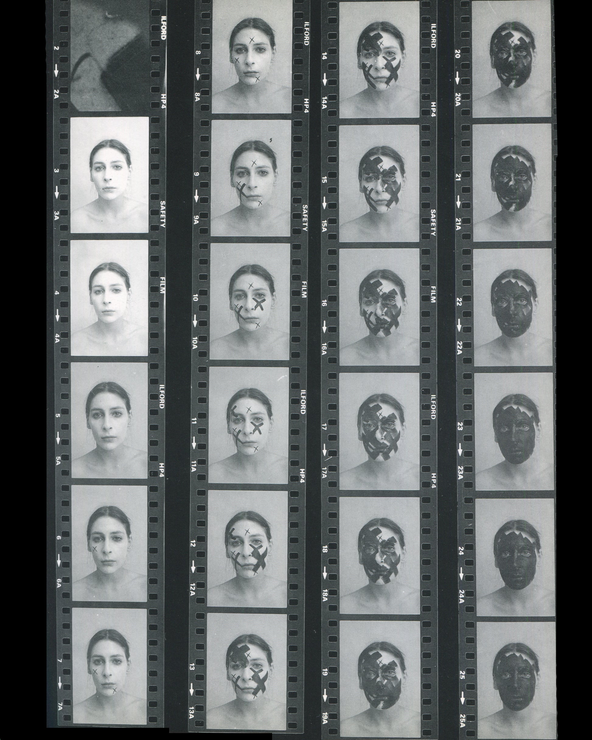 Klaus Rinke, Saldo, Rinke Klasse 1997, interior, Ilford HP4 contact sheet, female face progressively covered with black X marks, 25 frames