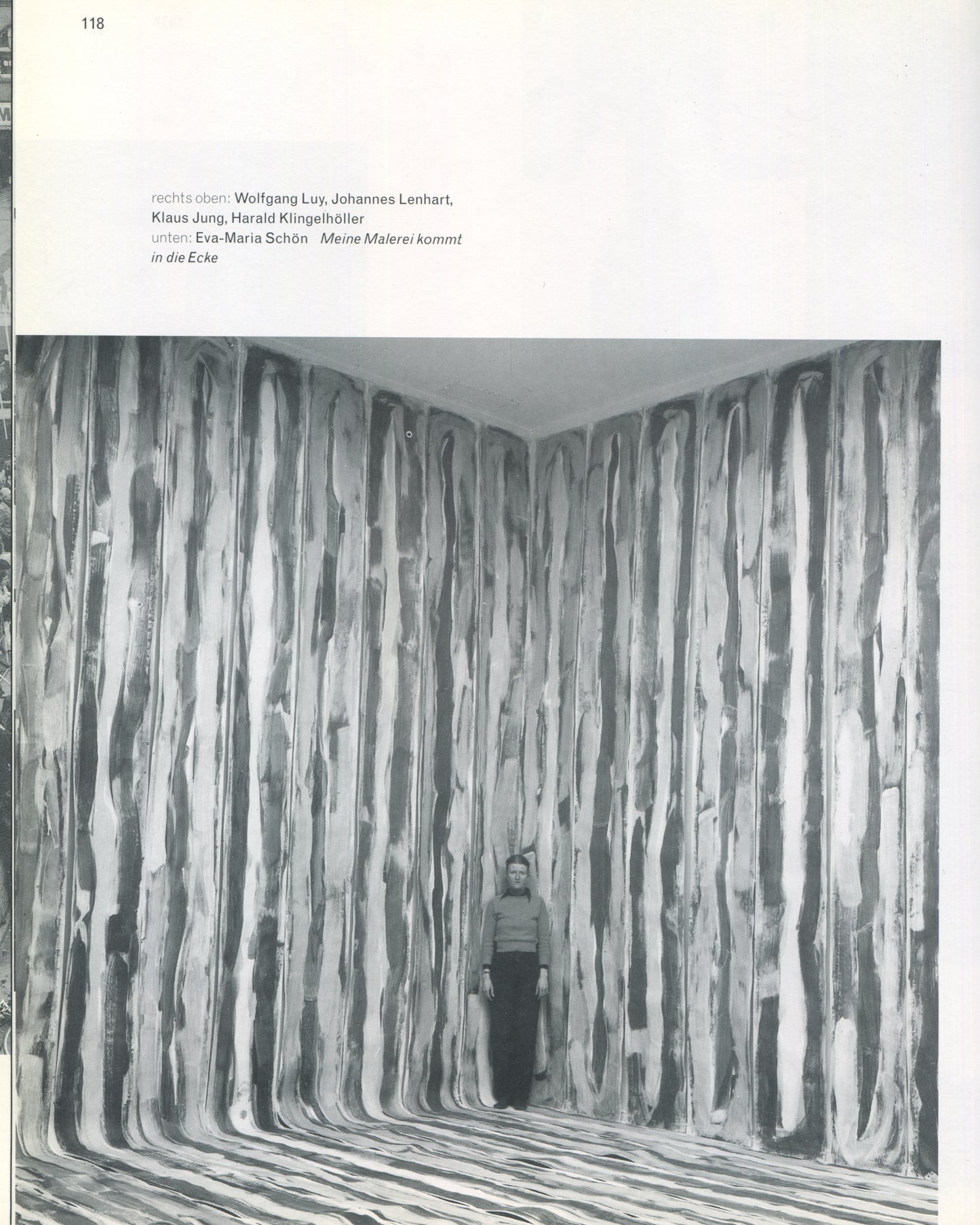 Klaus Rinke, Saldo, Rinke Klasse 1997, p.118, Eva-Maria Schön, Meine Malerei kommt in die Ecke, figure standing in floor-to-ceiling painted corner 