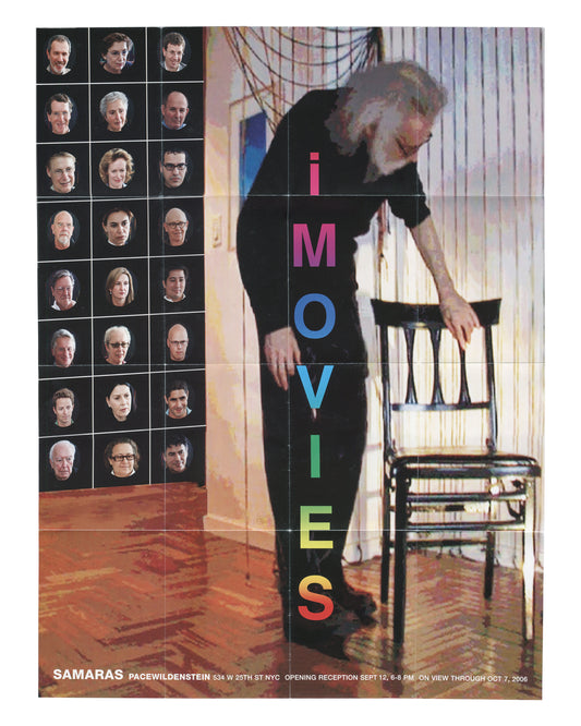 Original 2006 Lucas Samaras iMovies exhibition poster, PaceWildenstein, 534 W 25th St, New York. Offset lithograph, 71 × 51 cm. Left panel: grid of 24 viewer portrait photographs on black ground. Right panel: Samaras standing beside a wooden chair, hand resting on chair back. Vertical title iMOVIES in multicolour letters. Bottom text: Samaras PaceWildenstein, opening reception Sept 12, 6–8 PM, on view through Oct 7, 2006. Fold lines visible.
