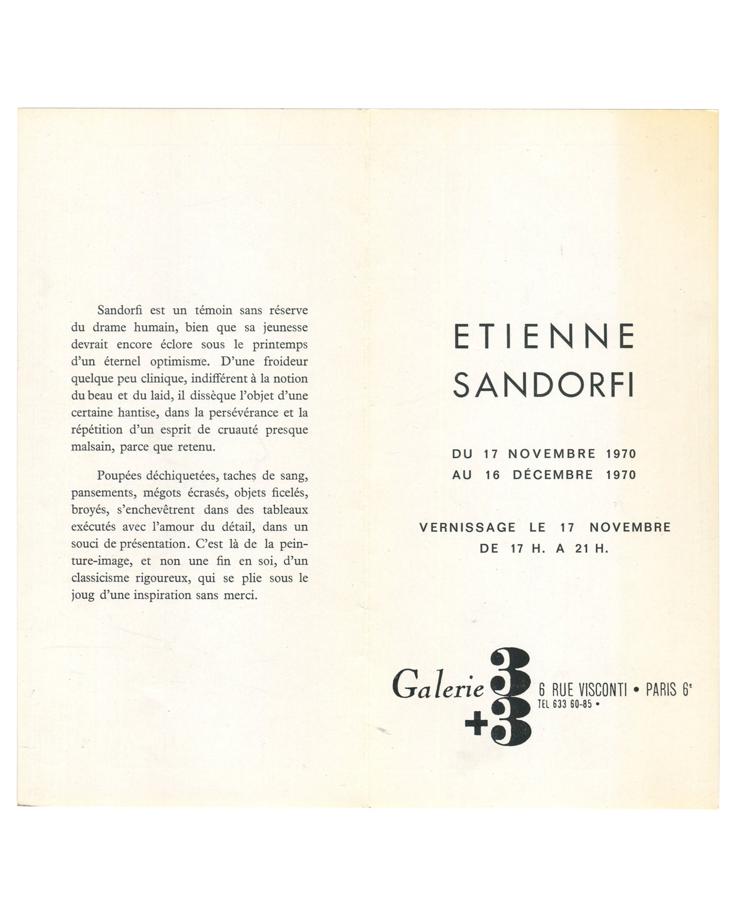 Original 1970 Étienne Sandorfi exhibition invitation for Galerie 3+3 in Paris featuring exhibition dates, opening information, and French descriptive text printed in black on folded cream card stock.
