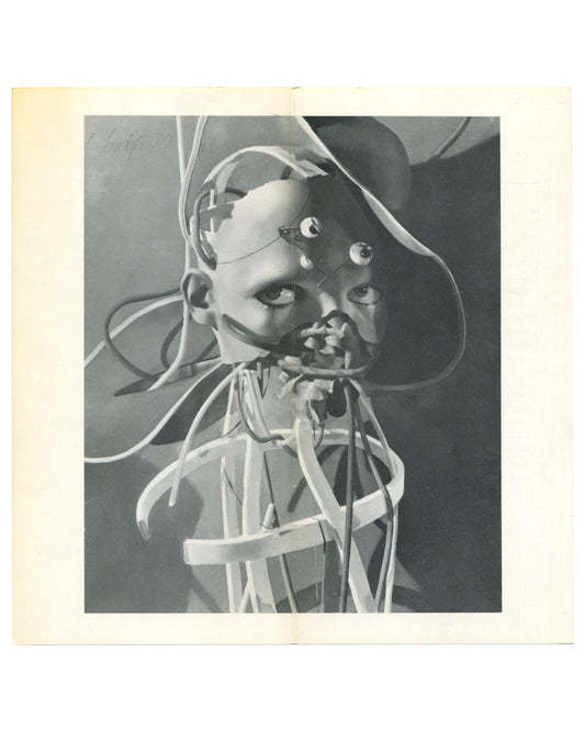 Original 1970 Étienne Sandorfi exhibition invitation featuring a black-and-white image of a fragmented doll-like head with wires and mechanical elements in a surreal psychological composition.