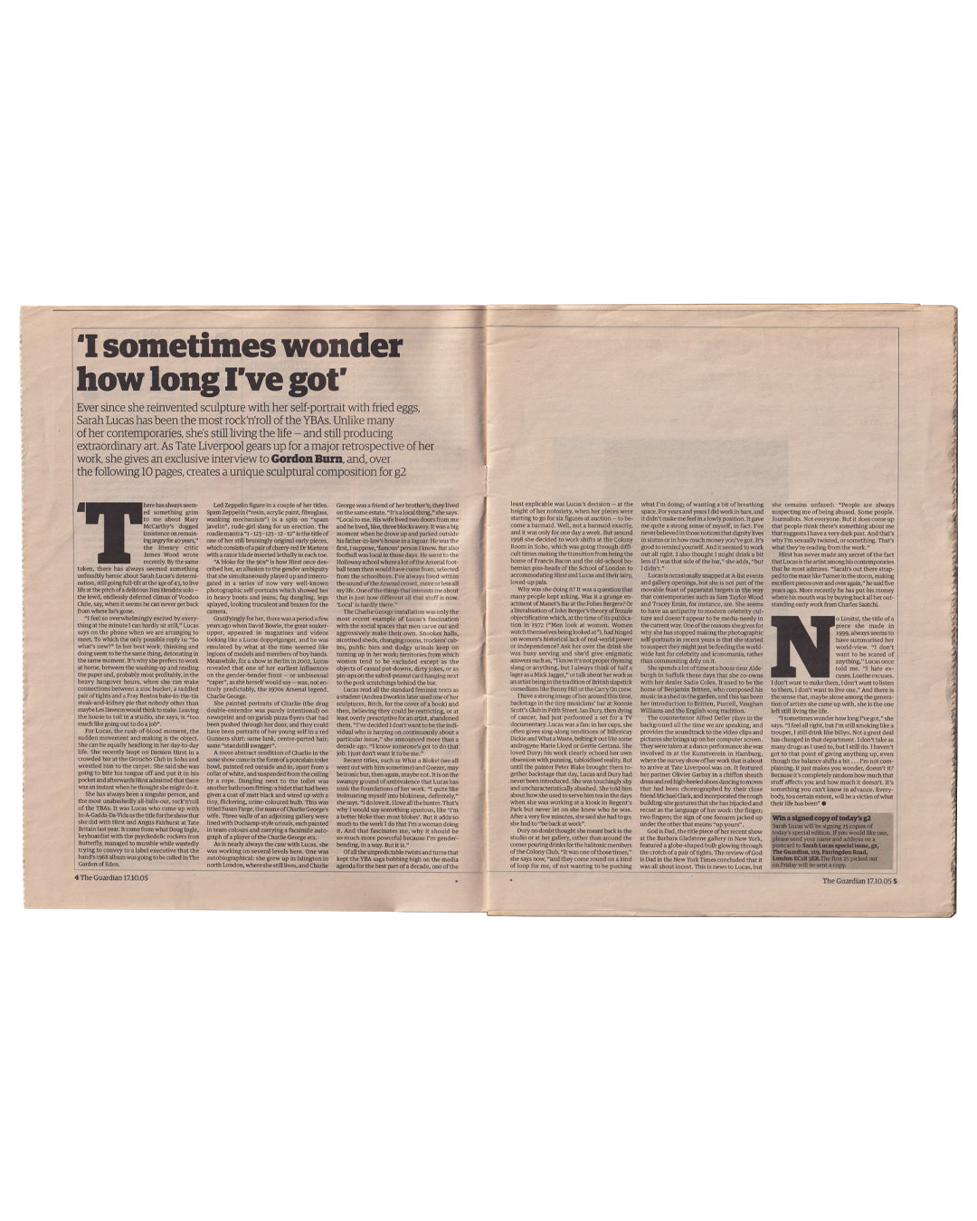Sarah Lucas, GOD IS DAD, The Guardian G2, 17 October 2005. Interior spread, pages 4–5: Gordon Burn interview text across two columns, dense newsprint typography, no images