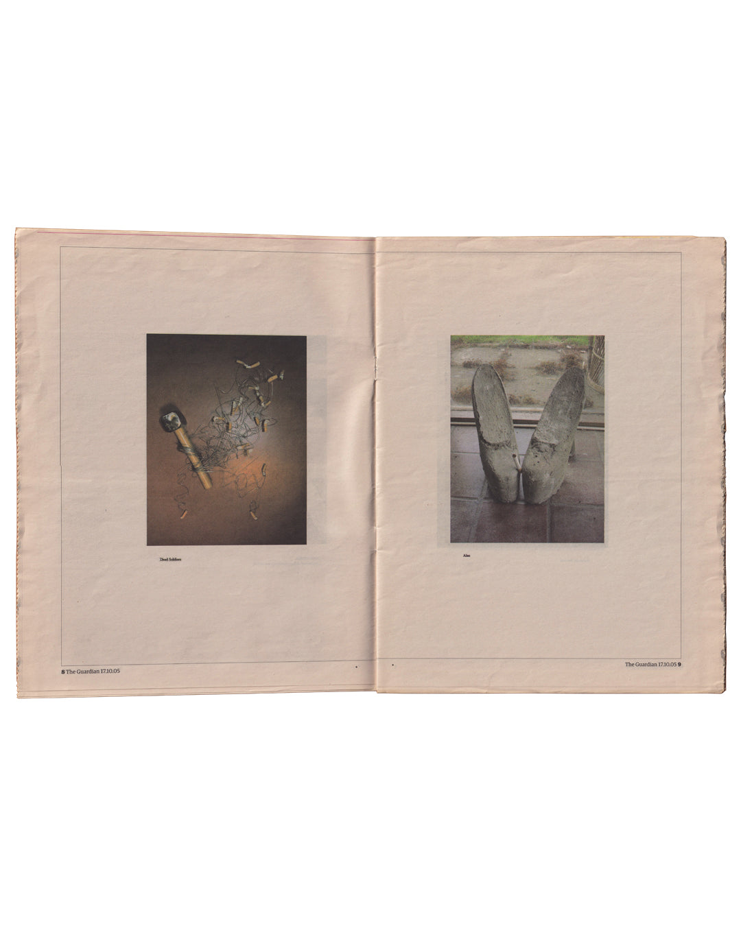 Sarah Lucas, GOD IS DAD, The Guardian G2, 17 October 2005. Interior spread, pages 8–9: two colour photographs — left: Dead Soldier, cigarette and scattered ash on dark surface; right: Arse, two melons in tights wedged in a window frame