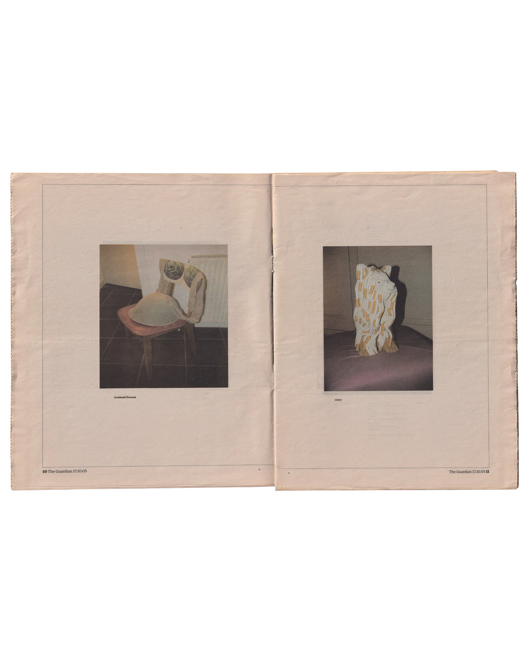 Sarah Lucas, GOD IS DAD, The Guardian G2, 17 October 2005. Interior spread, pages 10–11: two colour photographs of ceramic sculptures — left: Anatolian Swimmer, headless torso bent forward; right: Vase, irregular stacked ceramic form