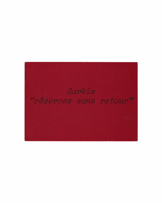 Sarkis Red Exhibition invite card with black text on a white background