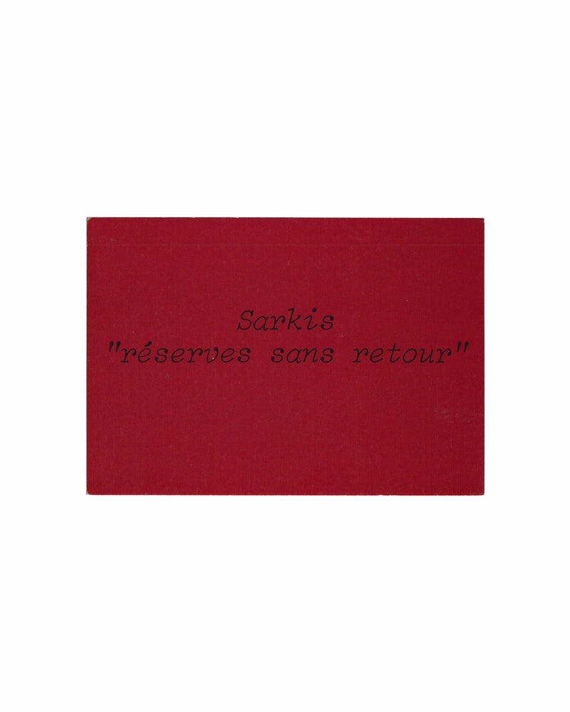 Sarkis Red Exhibition invite card with black text on a white background