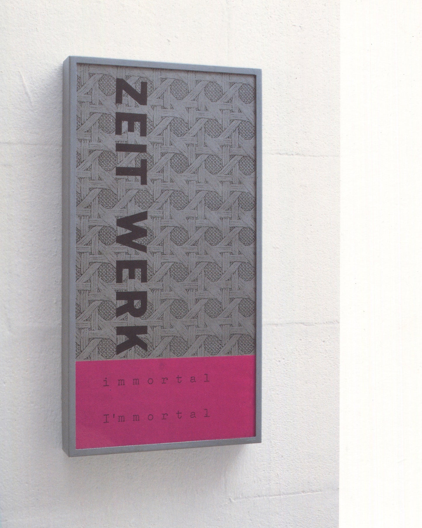 Gabriele Schmidt-Heins, Totalität Fragment, 1990, interior, ZEITWERK immortal I'm mortal, framed textile panel, grey and pink 