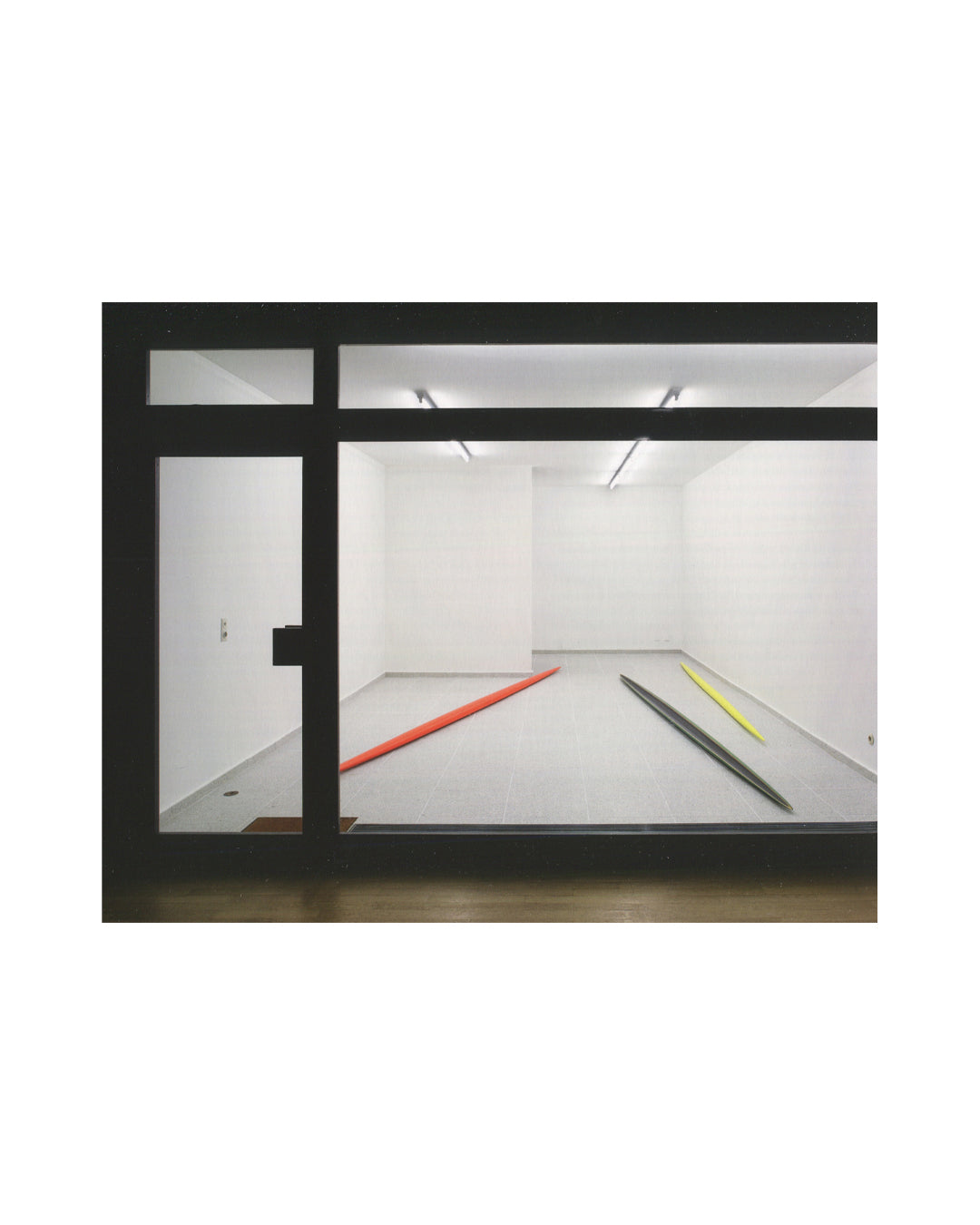 Gregor Schneider, Double, 2011, interior, gallery through dark frame, Isa Genzken red and yellow diagonal rod sculptures on grey floor 