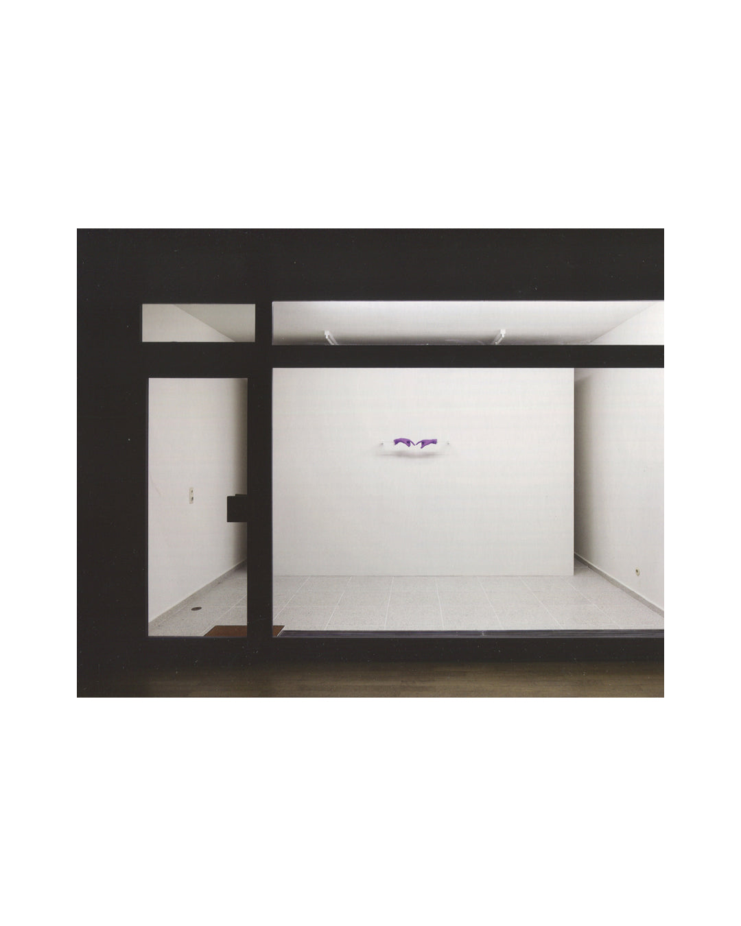Gregor Schneider, Double, 2011, interior, gallery viewed through dark frame, small purple glove sculpture centred on white wall
