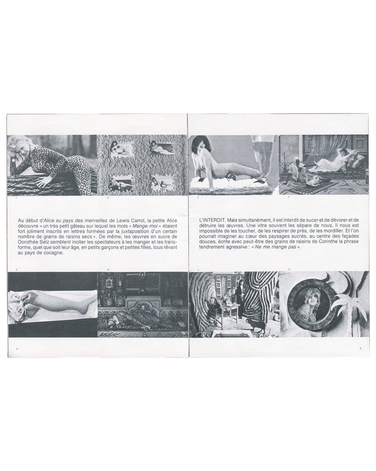 Dorothée Selz 1980, interior: French text on Alice in Wonderland and L'Interdit; eight b&w film and erotic photography stills in grid