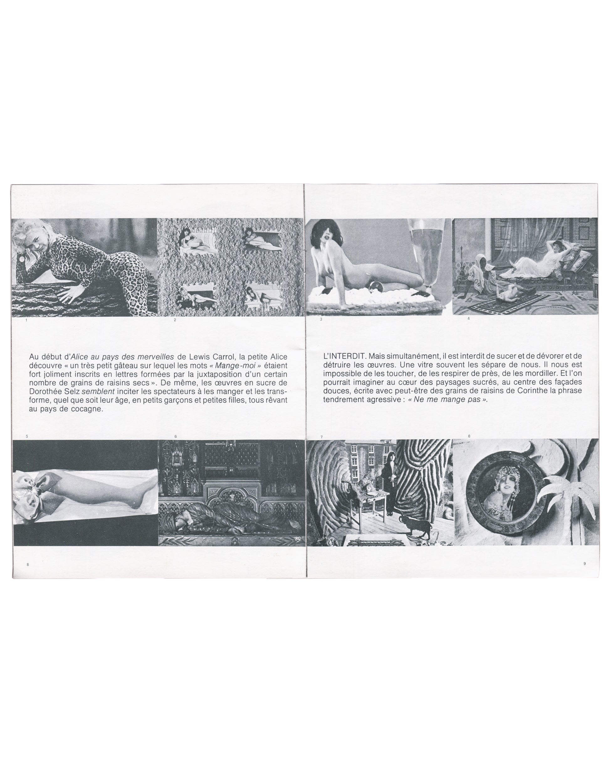 Dorothée Selz 1980, interior: French text on Alice in Wonderland and L'Interdit; eight b&w film and erotic photography stills in grid