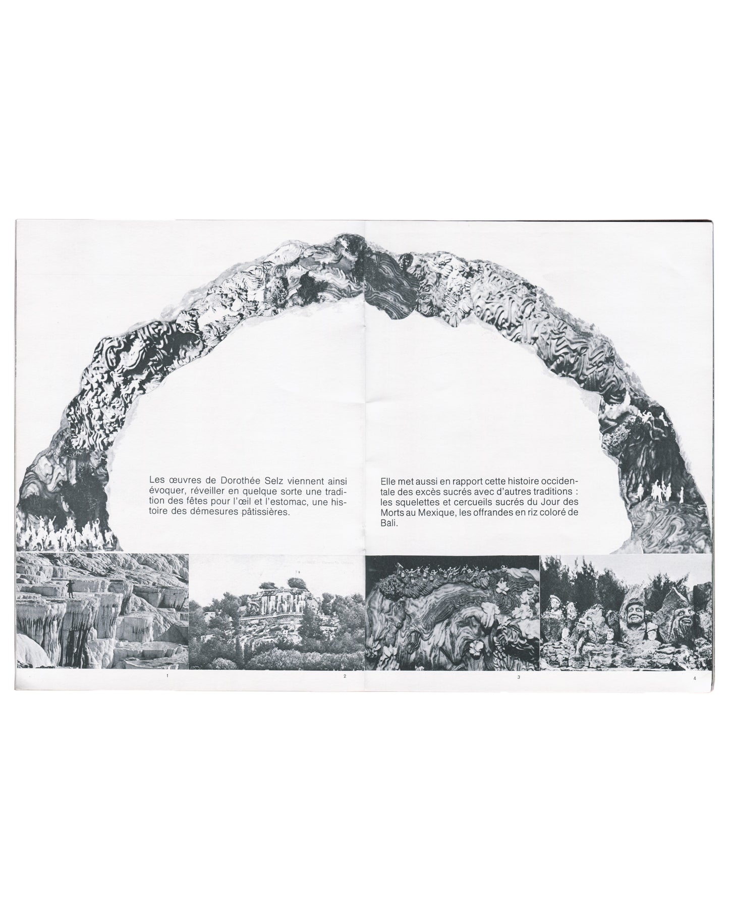 Dorothée Selz 1980, interior: b&w arch of sugar sculpture spanning spread; French text on sugar traditions, Día de Muertos, Bali; four landscape photos below